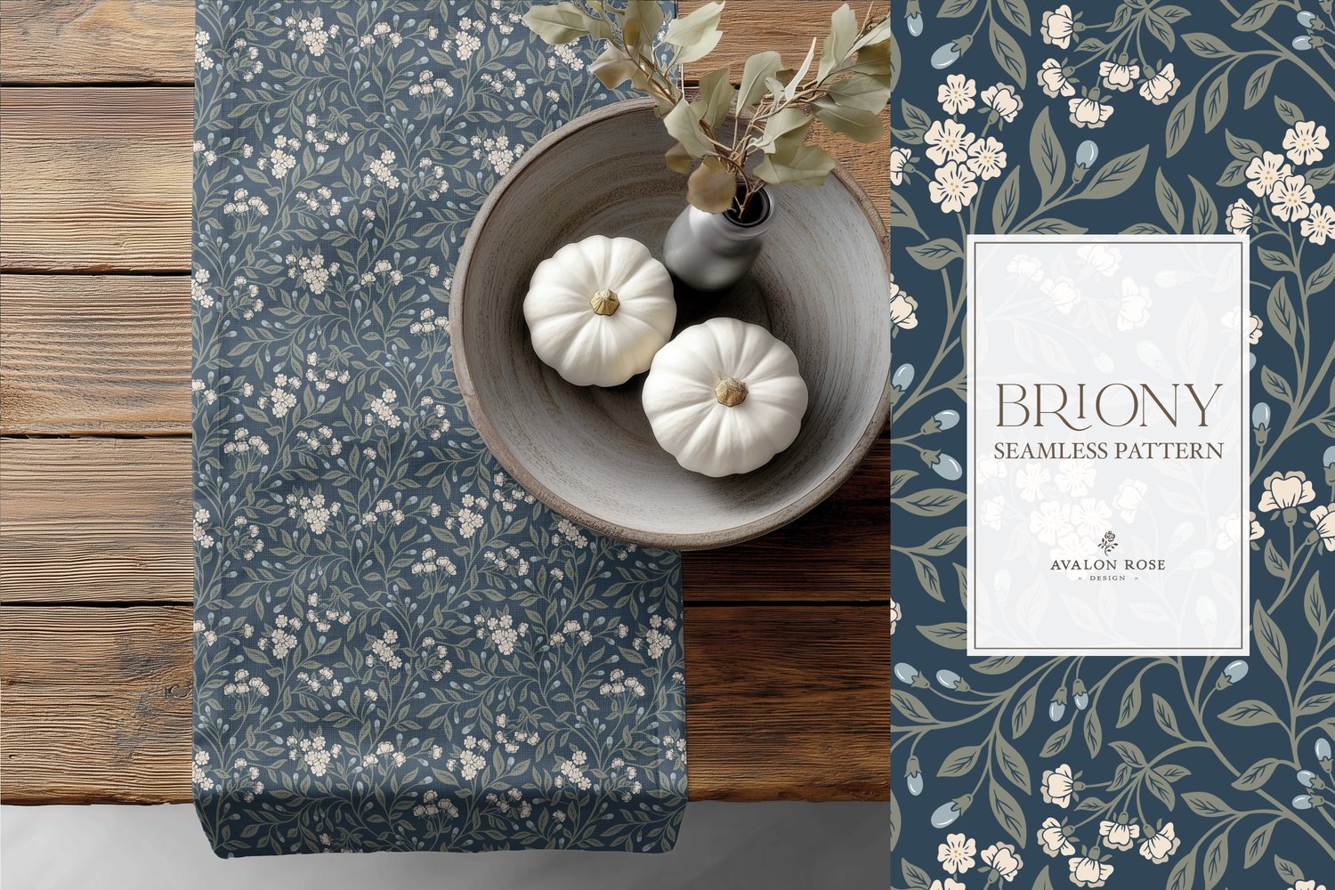 Vintage-inspired farmhouse style seamless surface pattern featuring intertwined climbing florals and leaves in navy, blue, cream, and green