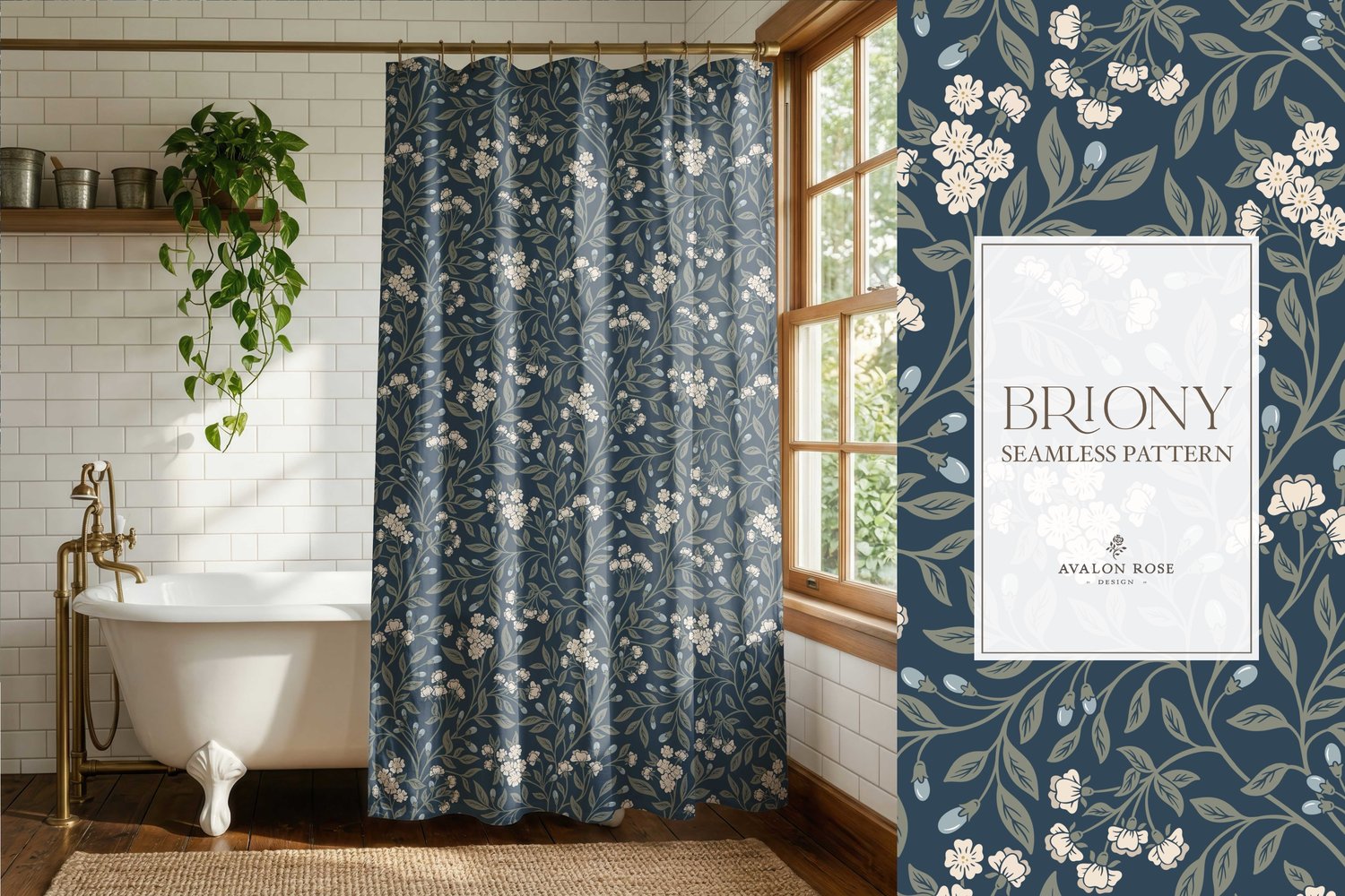 Vintage-inspired farmhouse style seamless surface pattern featuring intertwined climbing florals and leaves in navy, blue, cream, and green