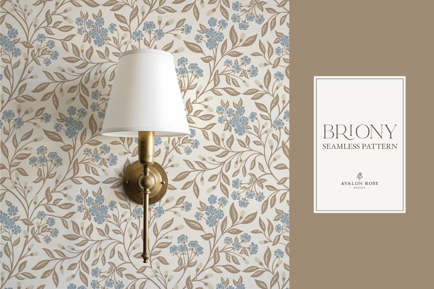 Vintage-inspired farmhouse style seamless surface pattern featuring intertwined climbing florals and leaves in blue, cream, and beige
