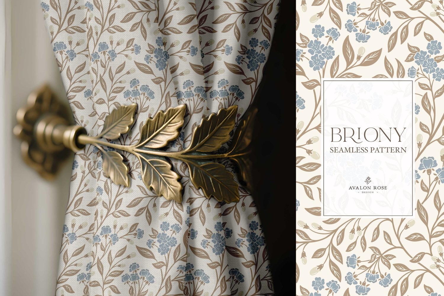 Vintage-inspired farmhouse style seamless surface pattern featuring intertwined climbing florals and leaves in blue, cream, and beige