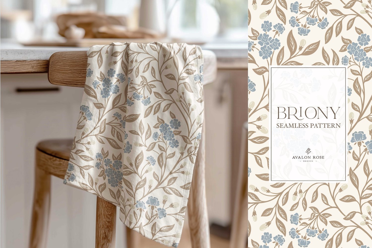 Vintage-inspired farmhouse style seamless surface pattern featuring intertwined climbing florals and leaves in blue, cream, and beige