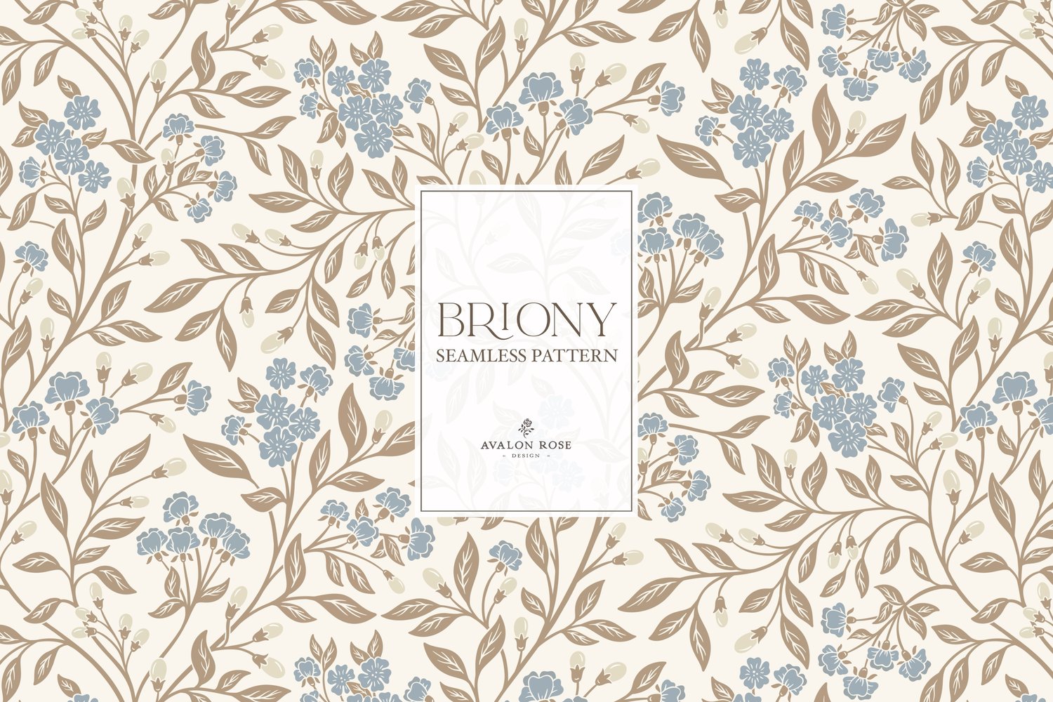 Vintage-inspired farmhouse style seamless surface pattern featuring intertwined climbing florals and leaves in blue, cream, and beige