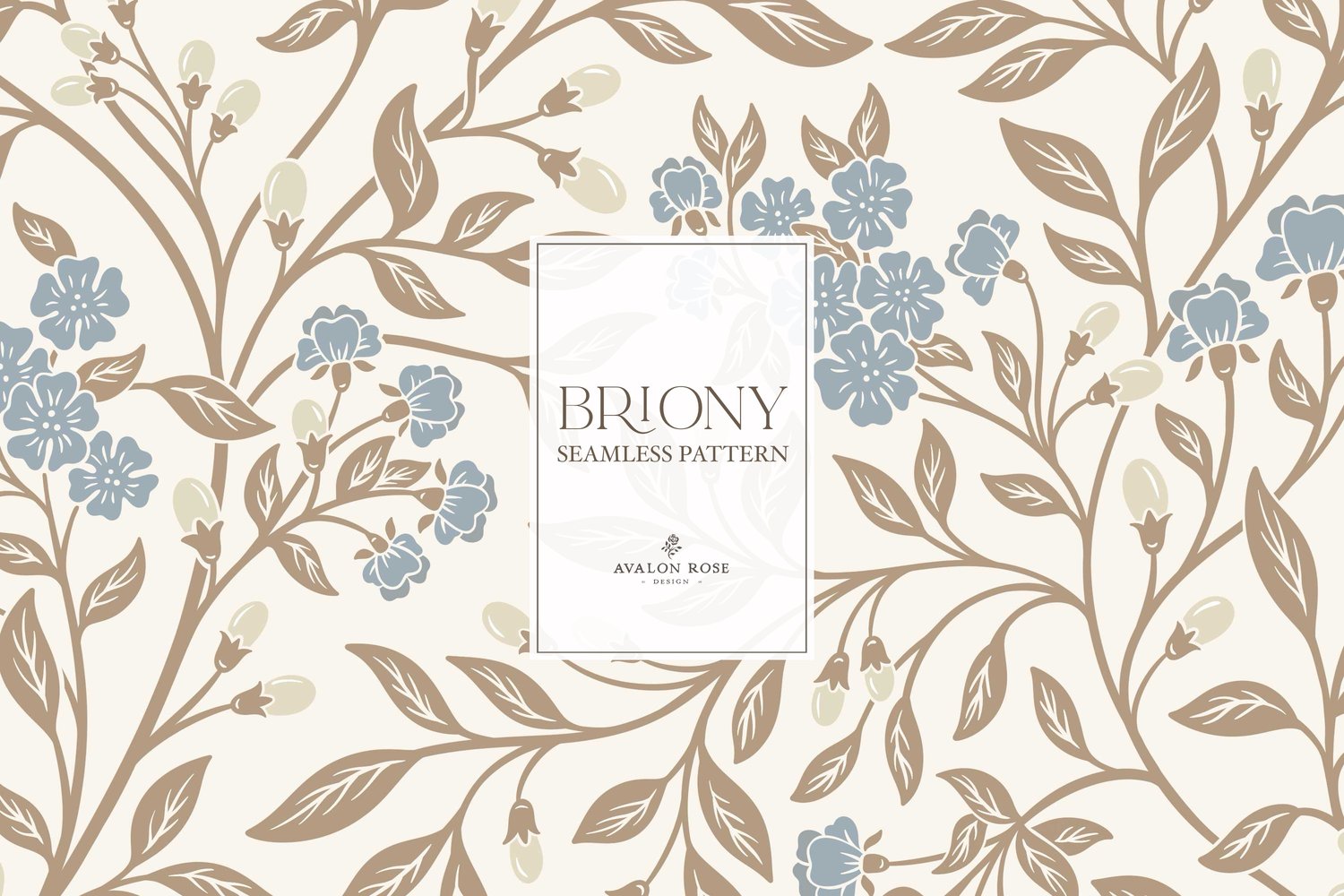 Vintage-inspired farmhouse style seamless surface pattern featuring intertwined climbing florals and leaves in blue, cream, and beige