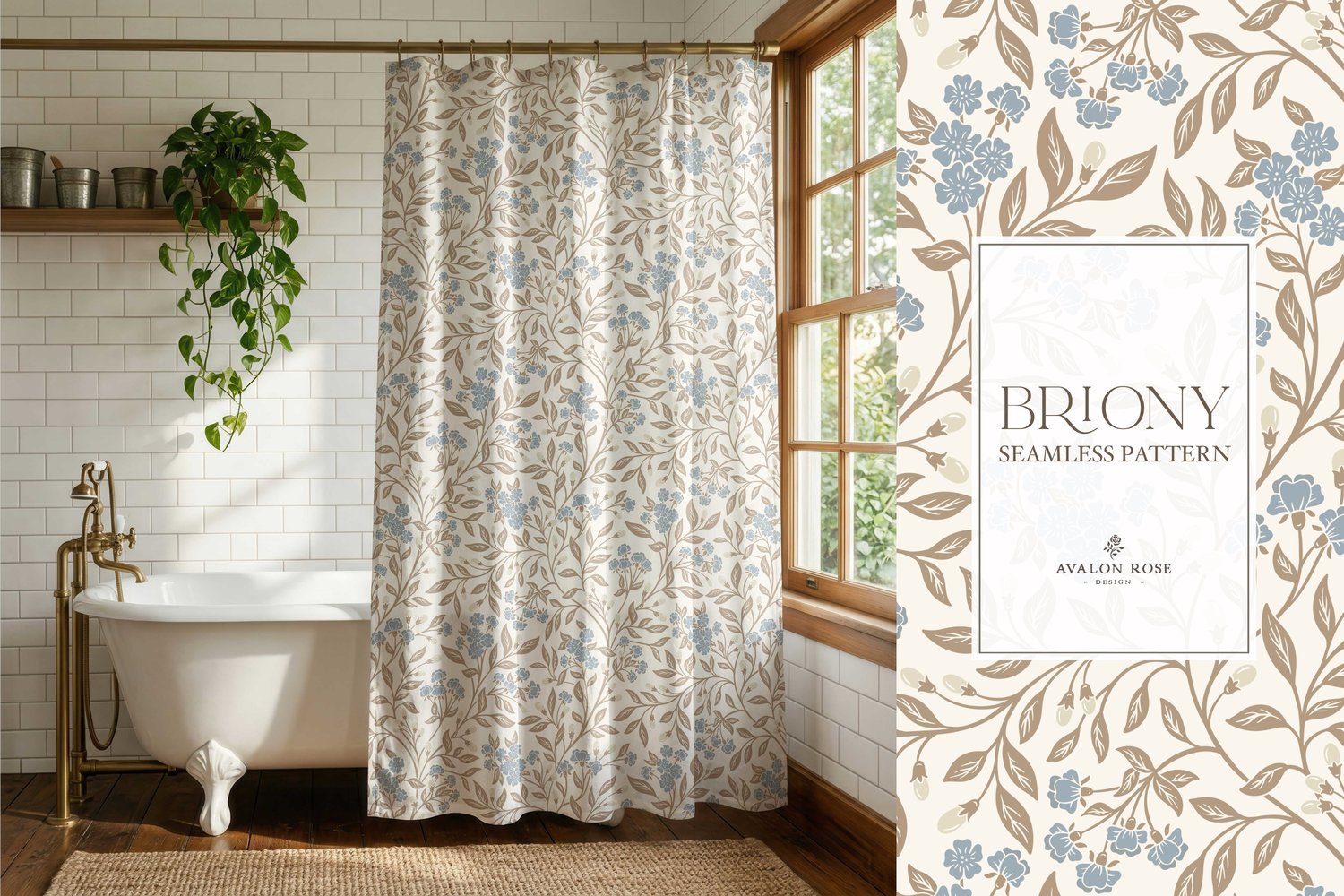 Vintage-inspired farmhouse style seamless surface pattern featuring intertwined climbing florals and leaves in blue, cream, and beige