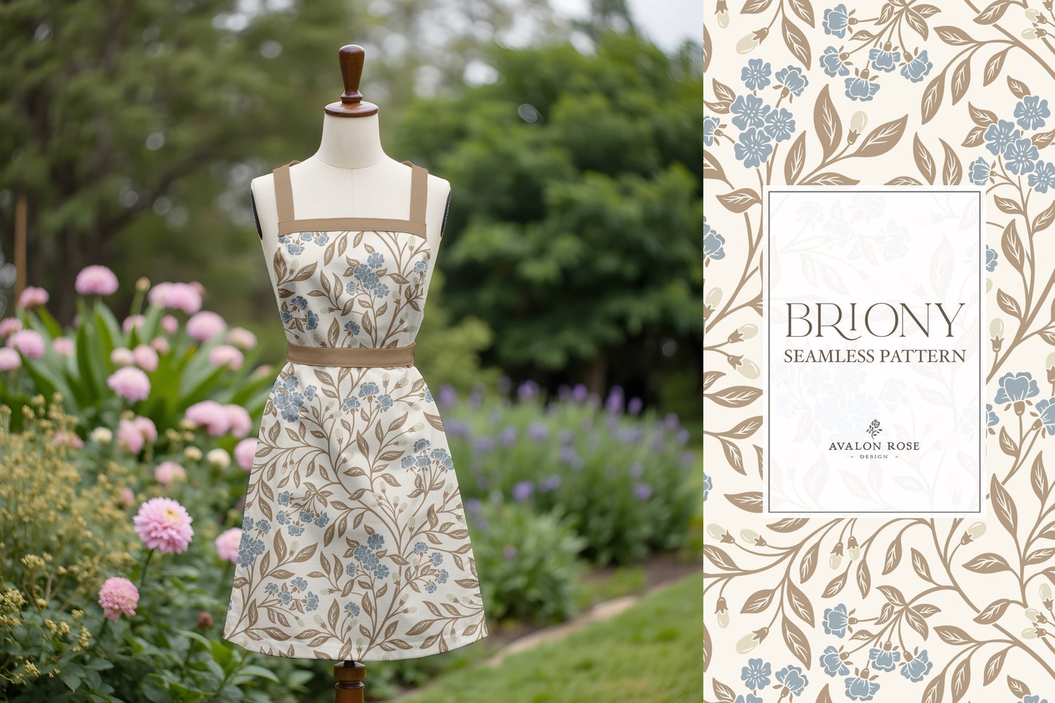 Vintage-inspired farmhouse style seamless surface pattern featuring intertwined climbing florals and leaves in blue, cream, and beige