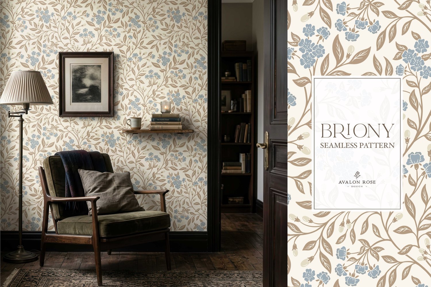 Vintage-inspired farmhouse style seamless surface pattern featuring intertwined climbing florals and leaves in blue, cream, and beige