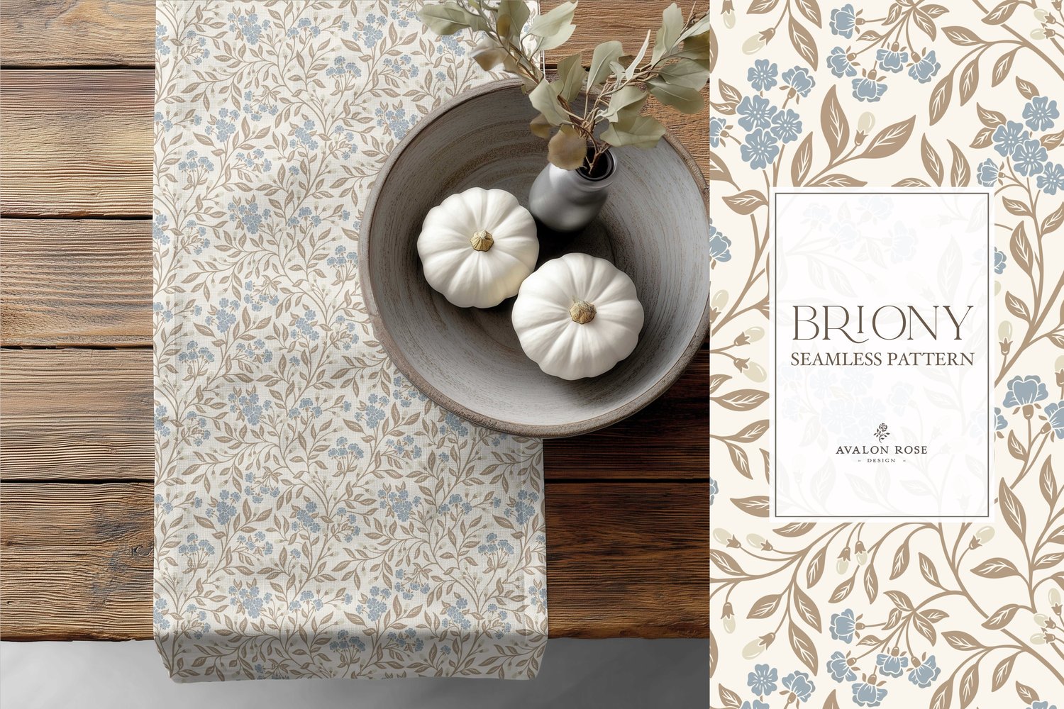 Vintage-inspired farmhouse style seamless surface pattern featuring intertwined climbing florals and leaves in blue, cream, and beige