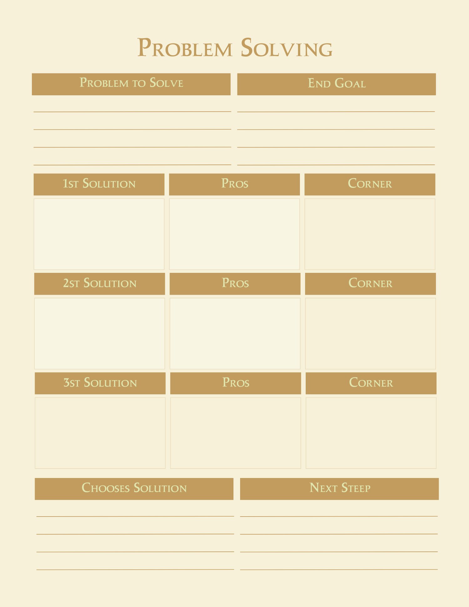 Problem Solving framework page with solution pros and cons analysis.