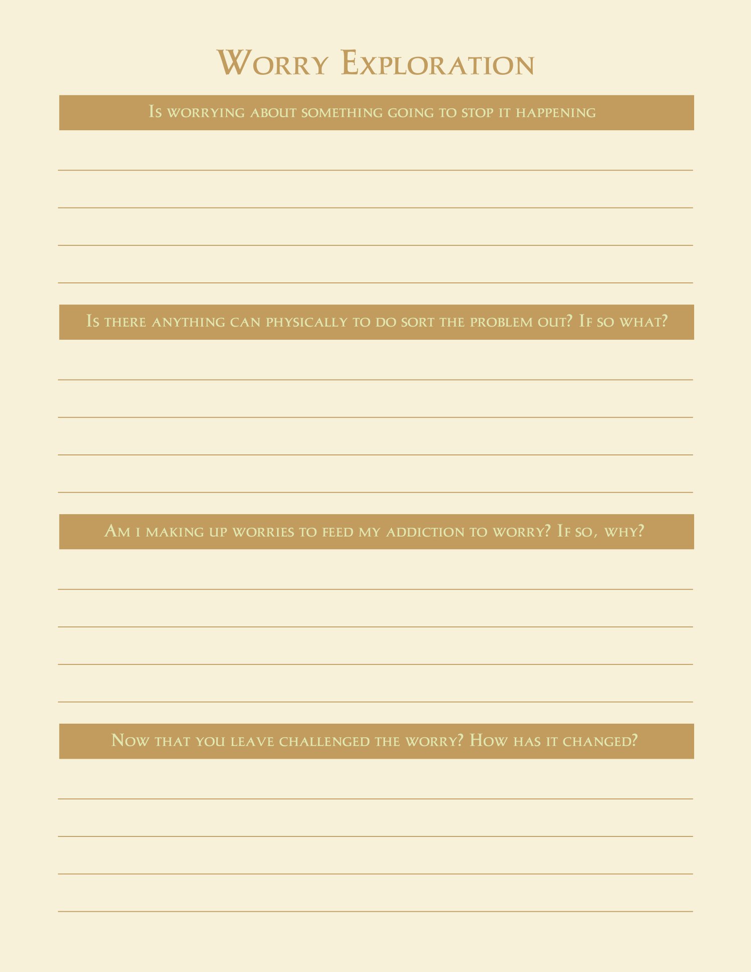 Guided journal page for questioning worry and building calm.
