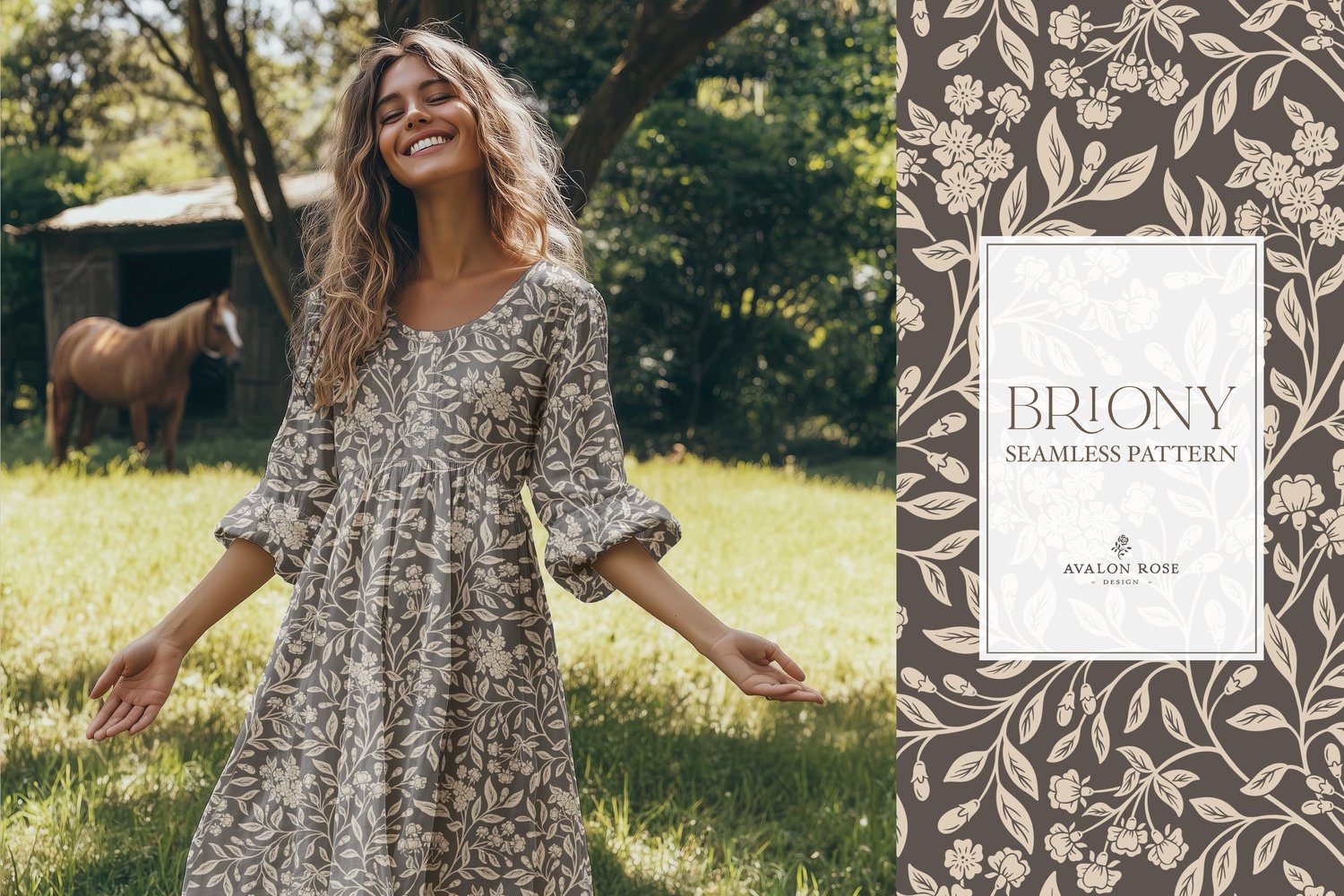 Vintage-inspired farmhouse style seamless surface pattern featuring intertwined climbing florals and leaves in dark brown