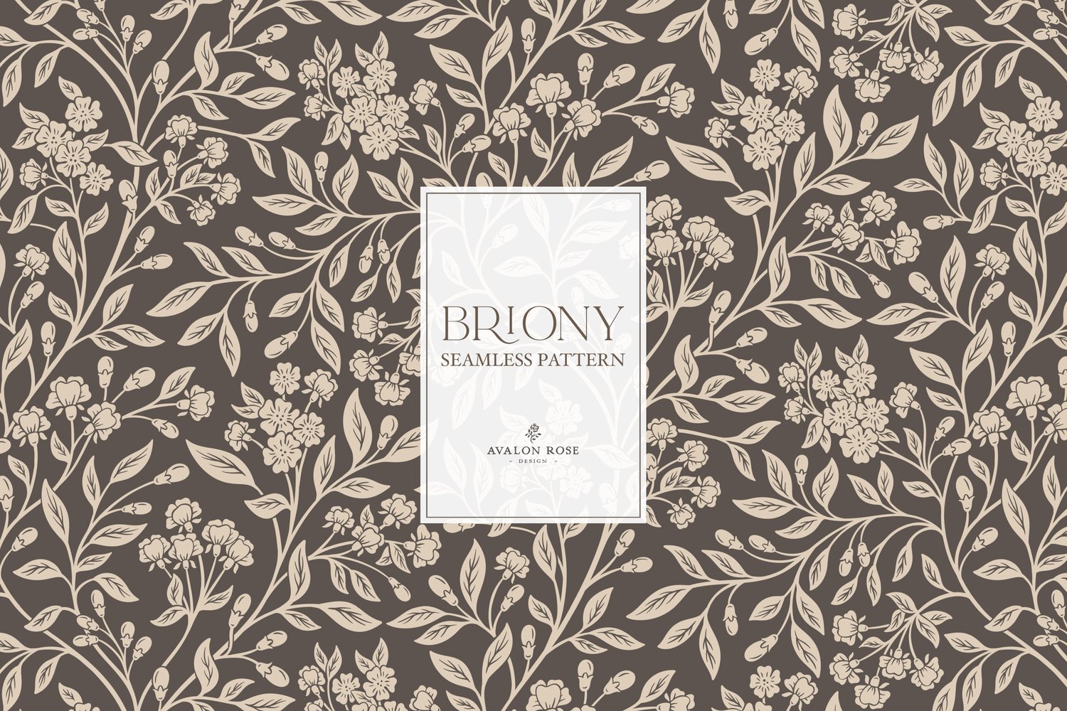 Vintage-inspired farmhouse style seamless surface pattern featuring intertwined climbing florals and leaves in dark brown
