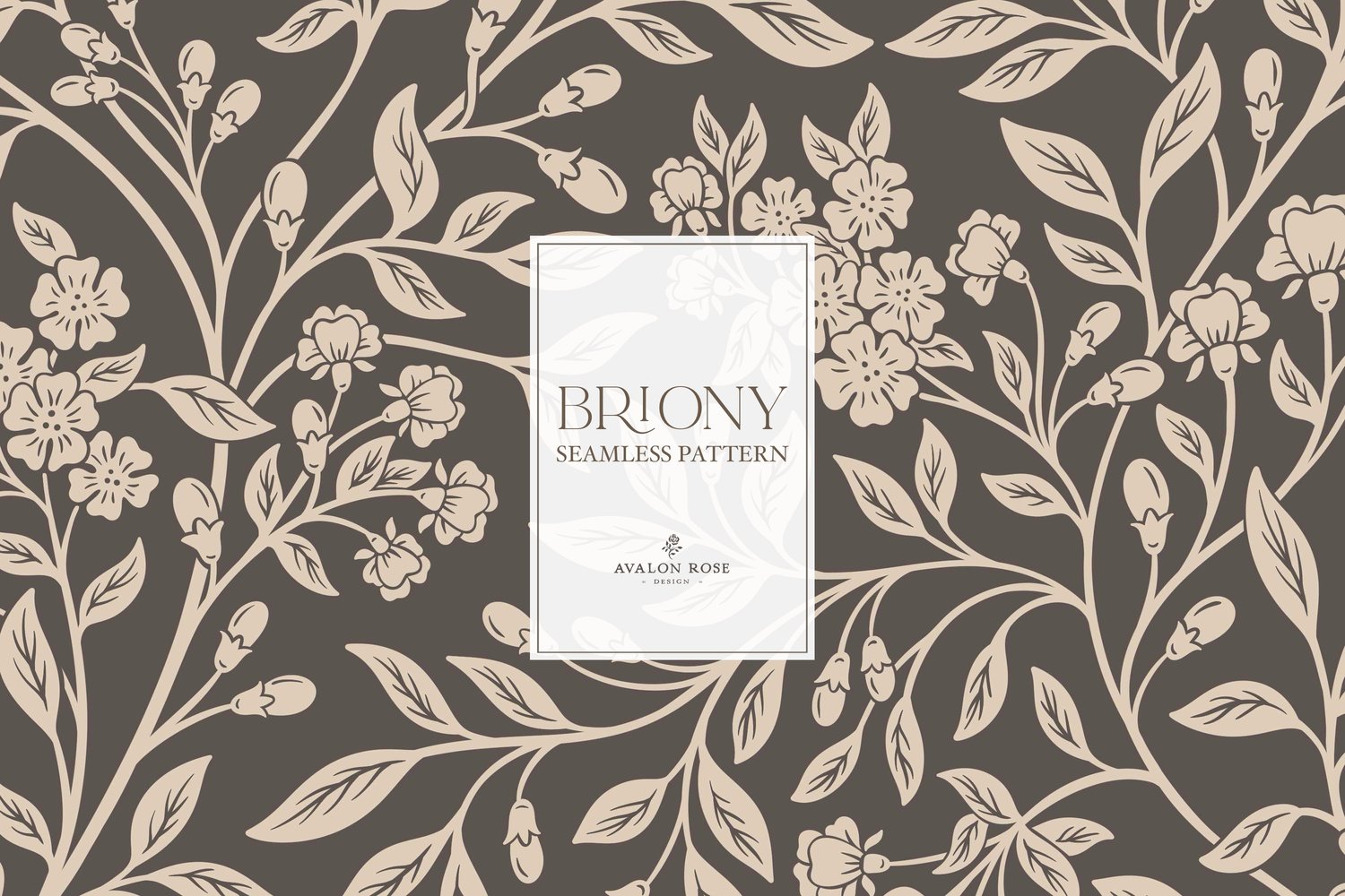 Vintage-inspired farmhouse style seamless surface pattern featuring intertwined climbing florals and leaves in dark brown