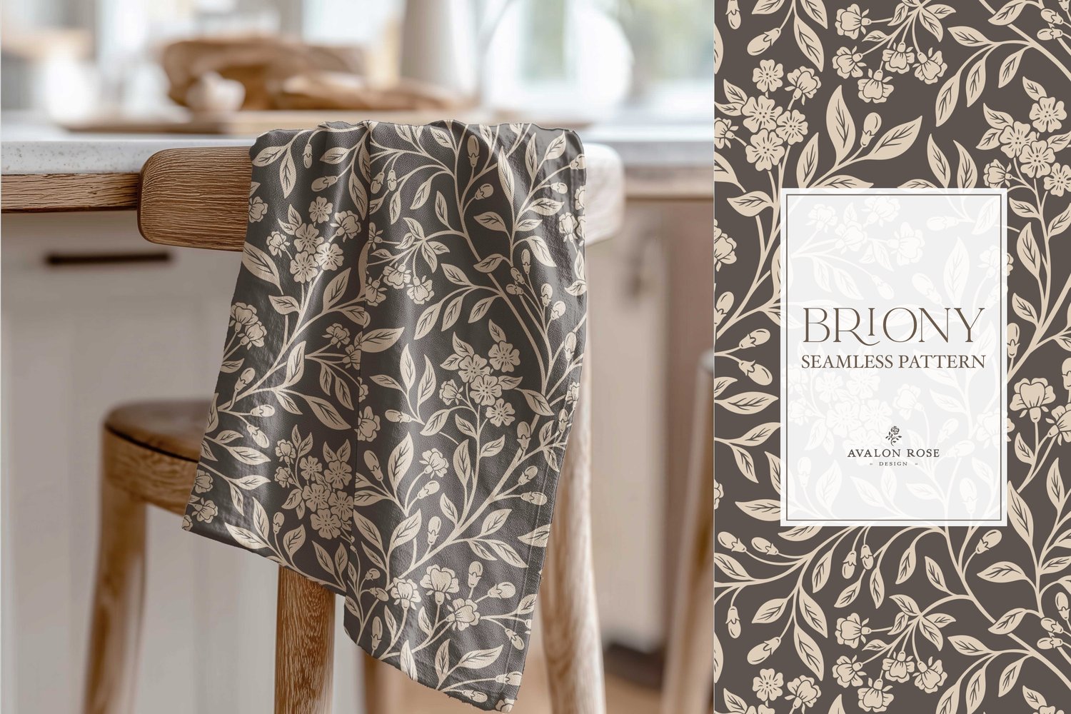 Vintage-inspired farmhouse style seamless surface pattern featuring intertwined climbing florals and leaves in dark brown