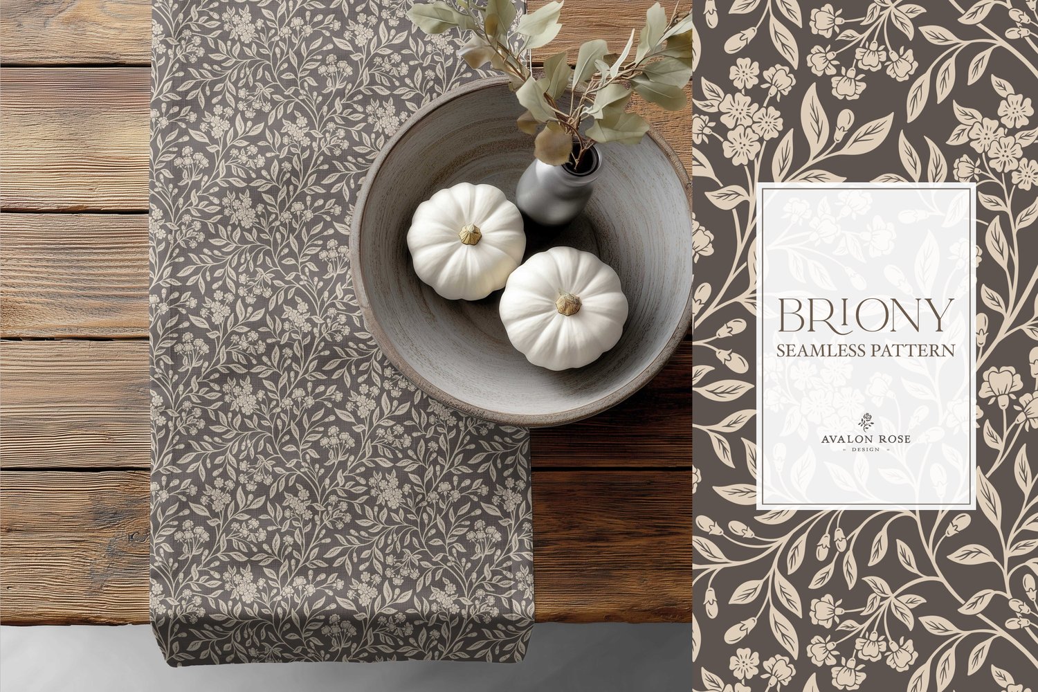 Vintage-inspired farmhouse style seamless surface pattern featuring intertwined climbing florals and leaves in dark brown