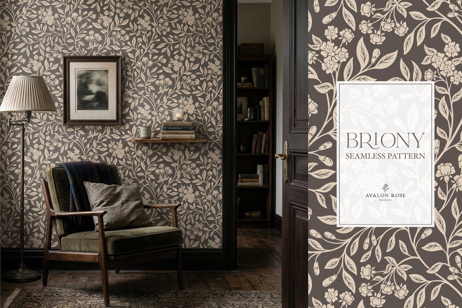 Vintage-inspired farmhouse style seamless surface pattern featuring intertwined climbing florals and leaves in dark brown