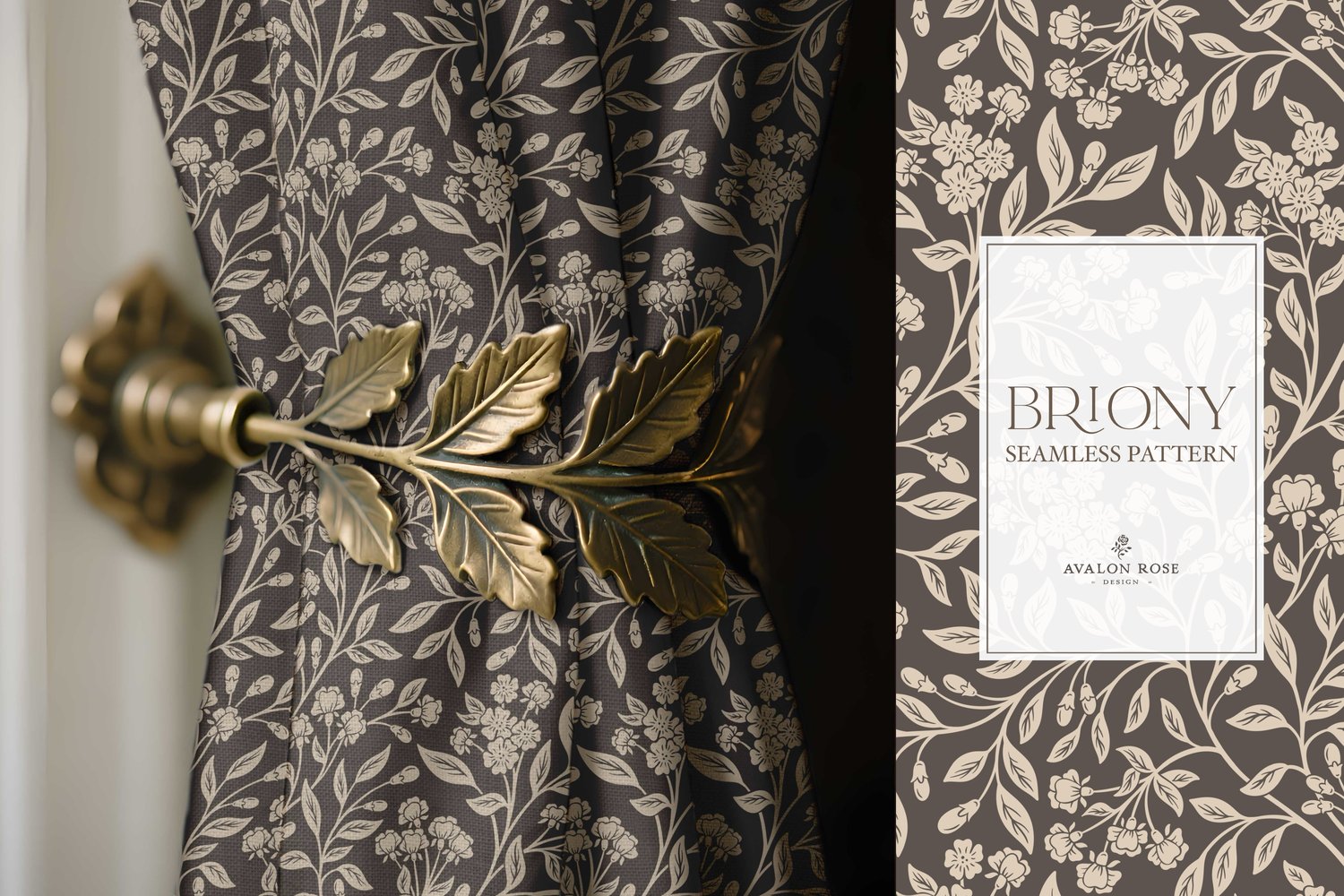 Vintage-inspired farmhouse style seamless surface pattern featuring intertwined climbing florals and leaves in dark brown