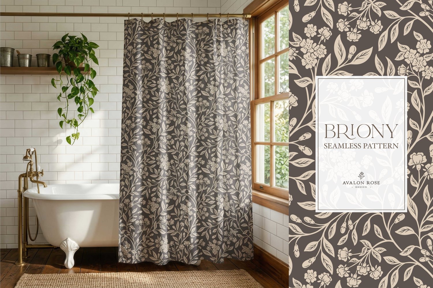Vintage-inspired farmhouse style seamless surface pattern featuring intertwined climbing florals and leaves in dark brown