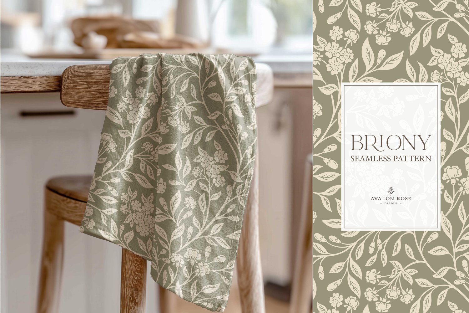 Vintage-inspired farmhouse style seamless surface pattern featuring intertwined climbing florals and leaves in sage green