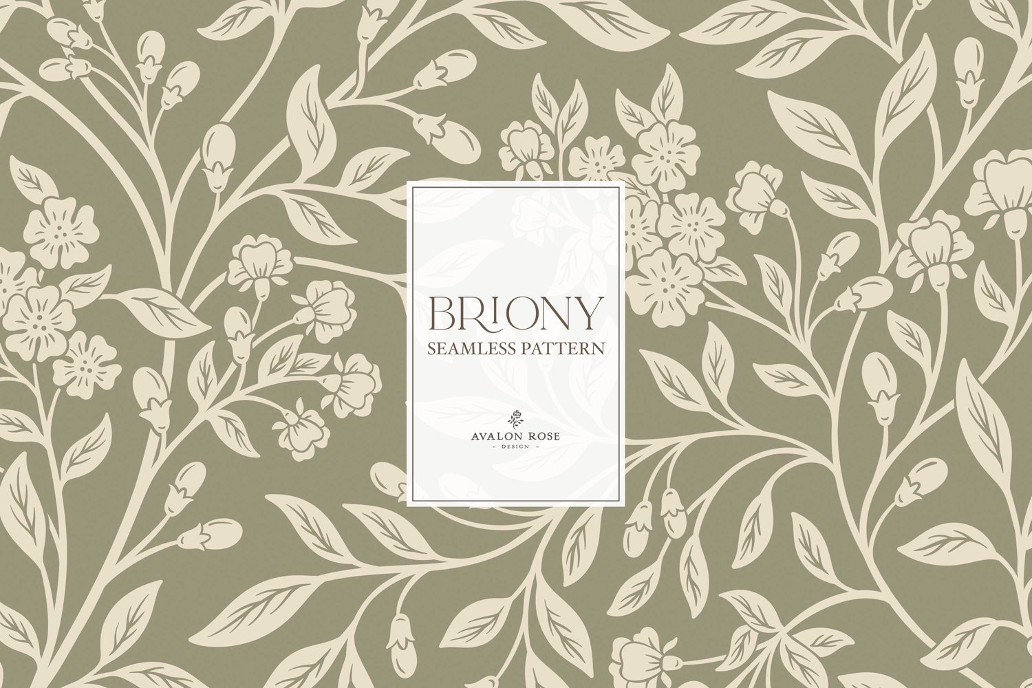 Vintage-inspired farmhouse style seamless surface pattern featuring intertwined climbing florals and leaves in sage green