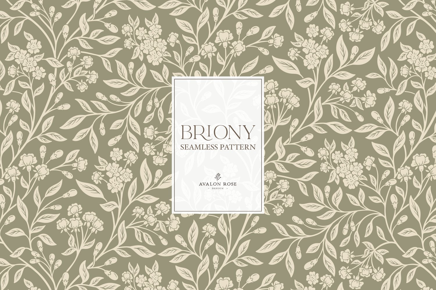 Vintage-inspired farmhouse style seamless surface pattern featuring intertwined climbing florals and leaves in sage green