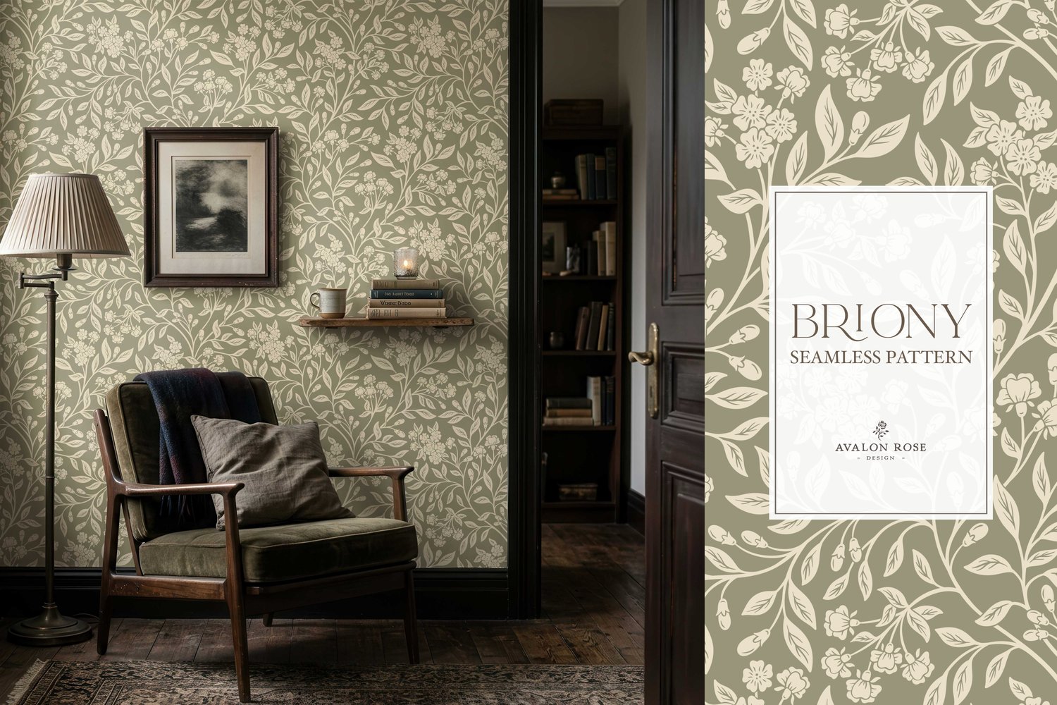 Vintage-inspired farmhouse style seamless surface pattern featuring intertwined climbing florals and leaves in sage green