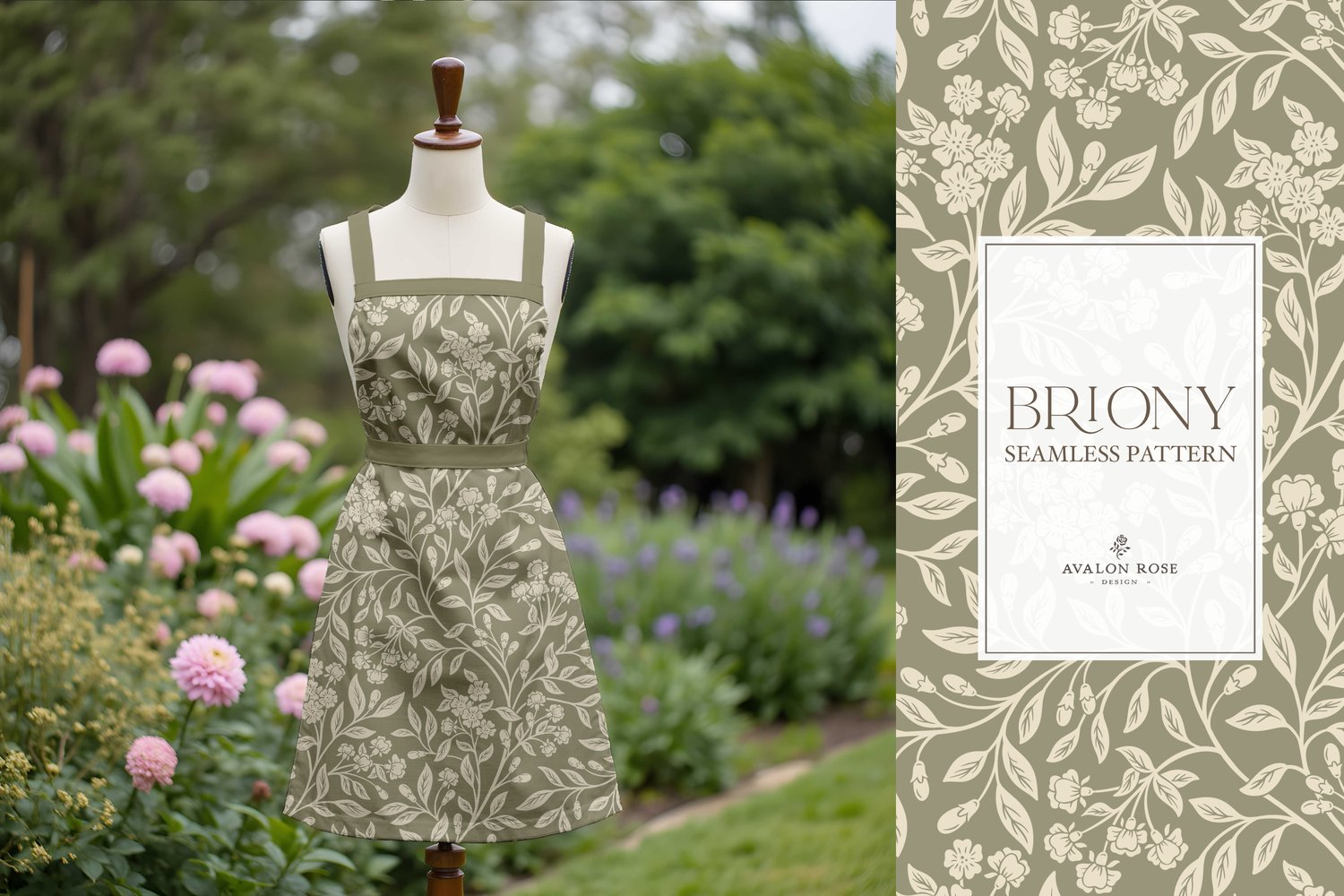 Vintage-inspired farmhouse style seamless surface pattern featuring intertwined climbing florals and leaves in sage green