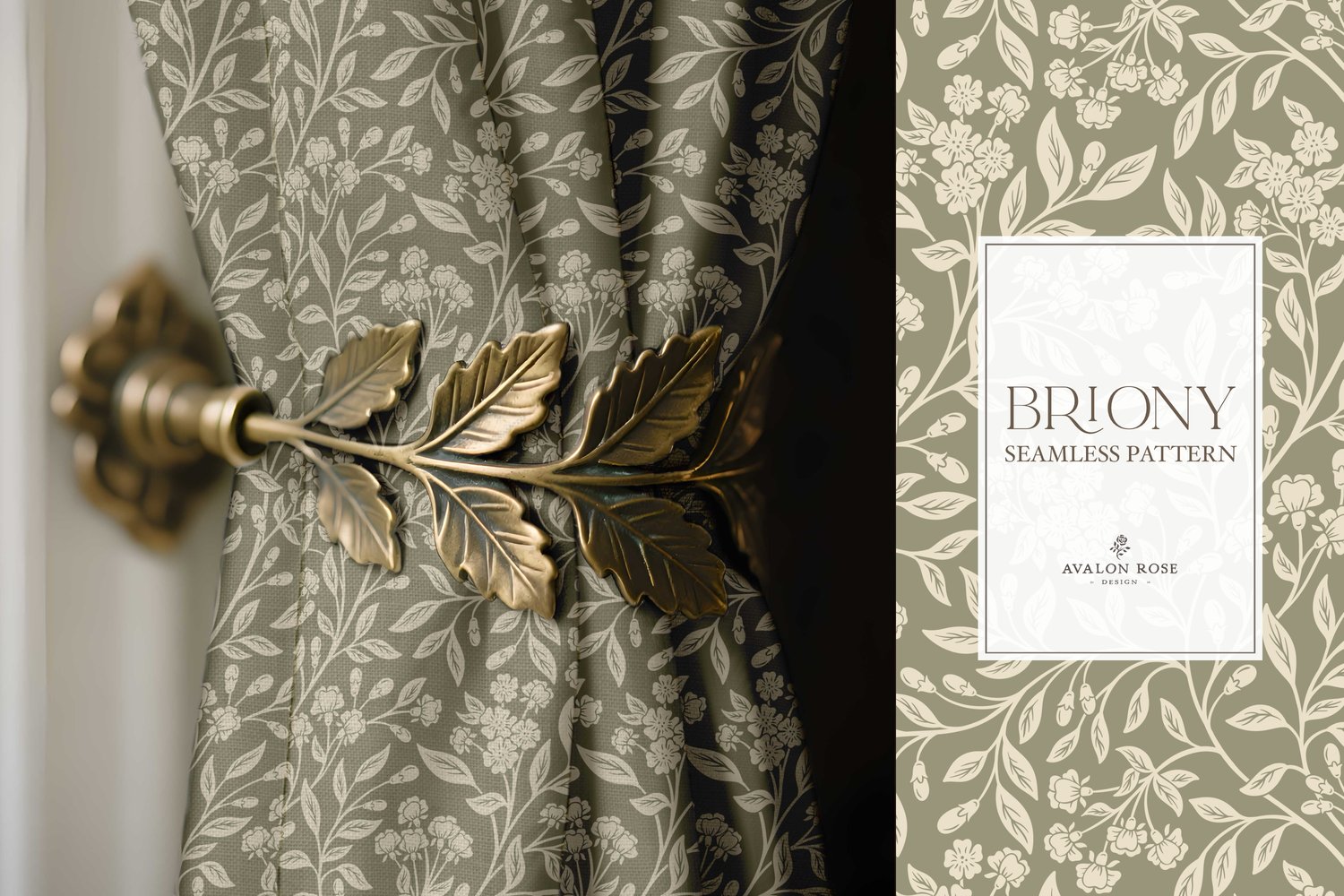 Vintage-inspired farmhouse style seamless surface pattern featuring intertwined climbing florals and leaves in sage green