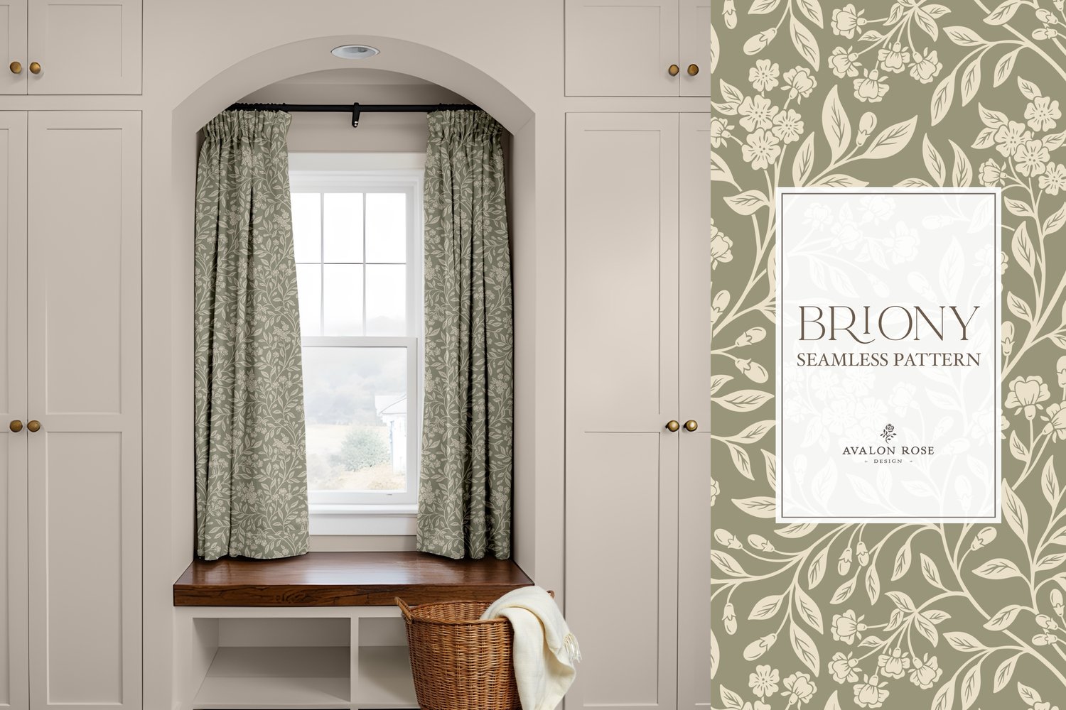 Vintage-inspired farmhouse style seamless surface pattern featuring intertwined climbing florals and leaves in sage green