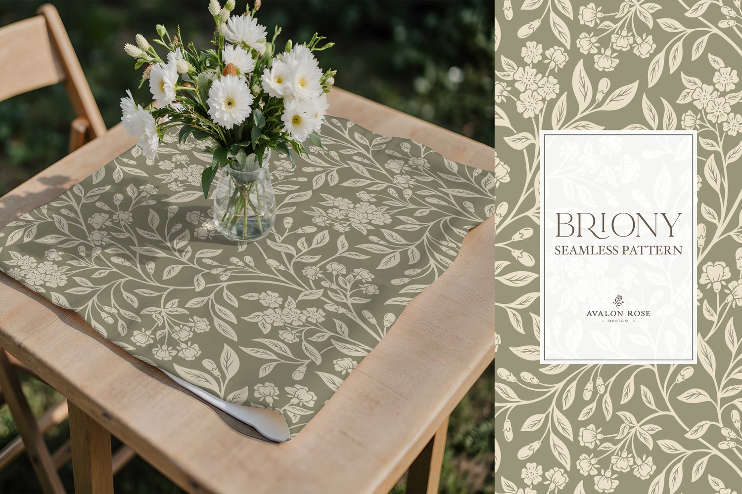 Vintage-inspired farmhouse style seamless surface pattern featuring intertwined climbing florals and leaves in sage green