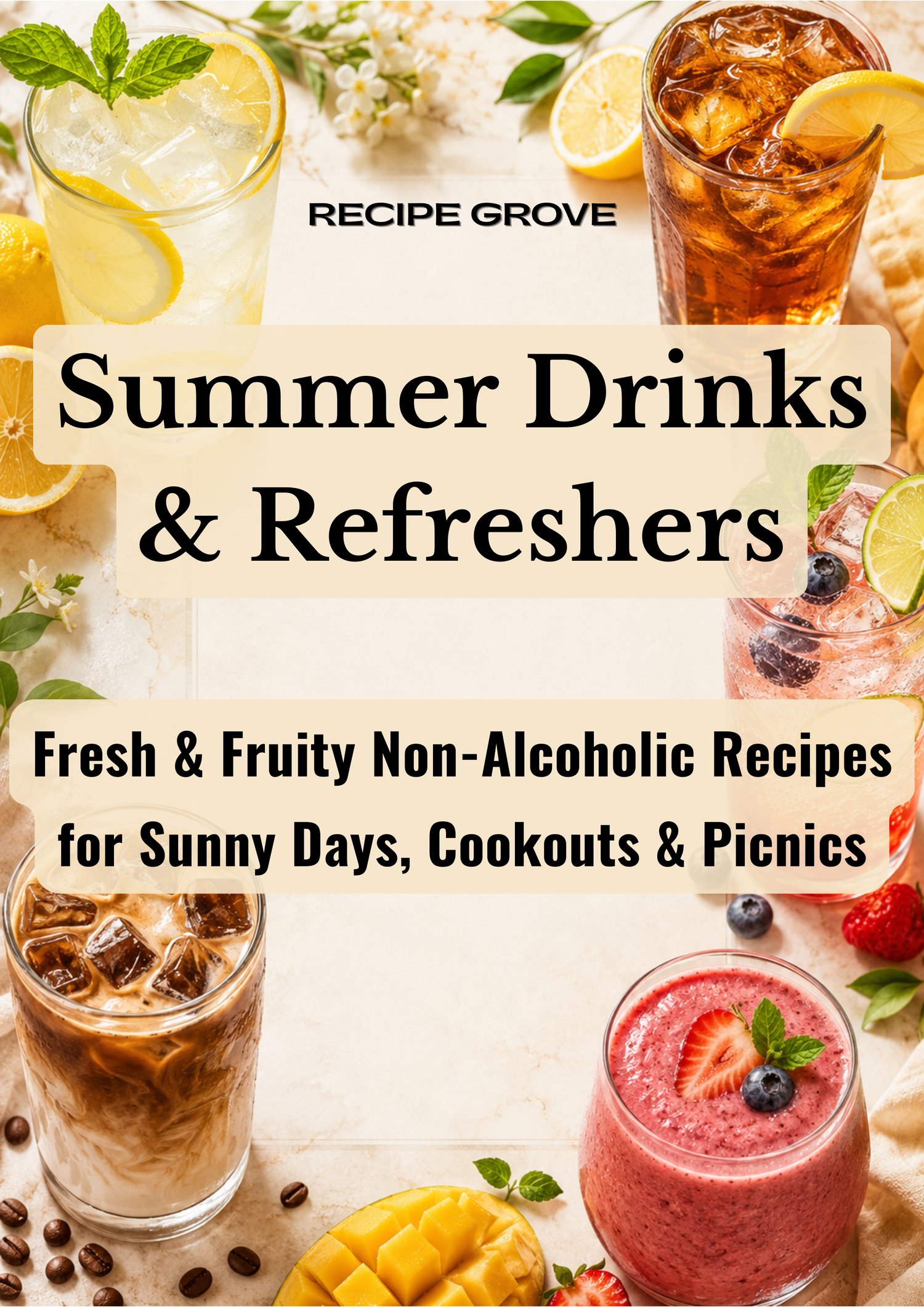 Summer Drinks & Refreshers non-alcoholic recipe ebook cover featuring lemonade, iced tea, iced coffee, smoothie, citrus fruit, berries, and fresh summer drinks.