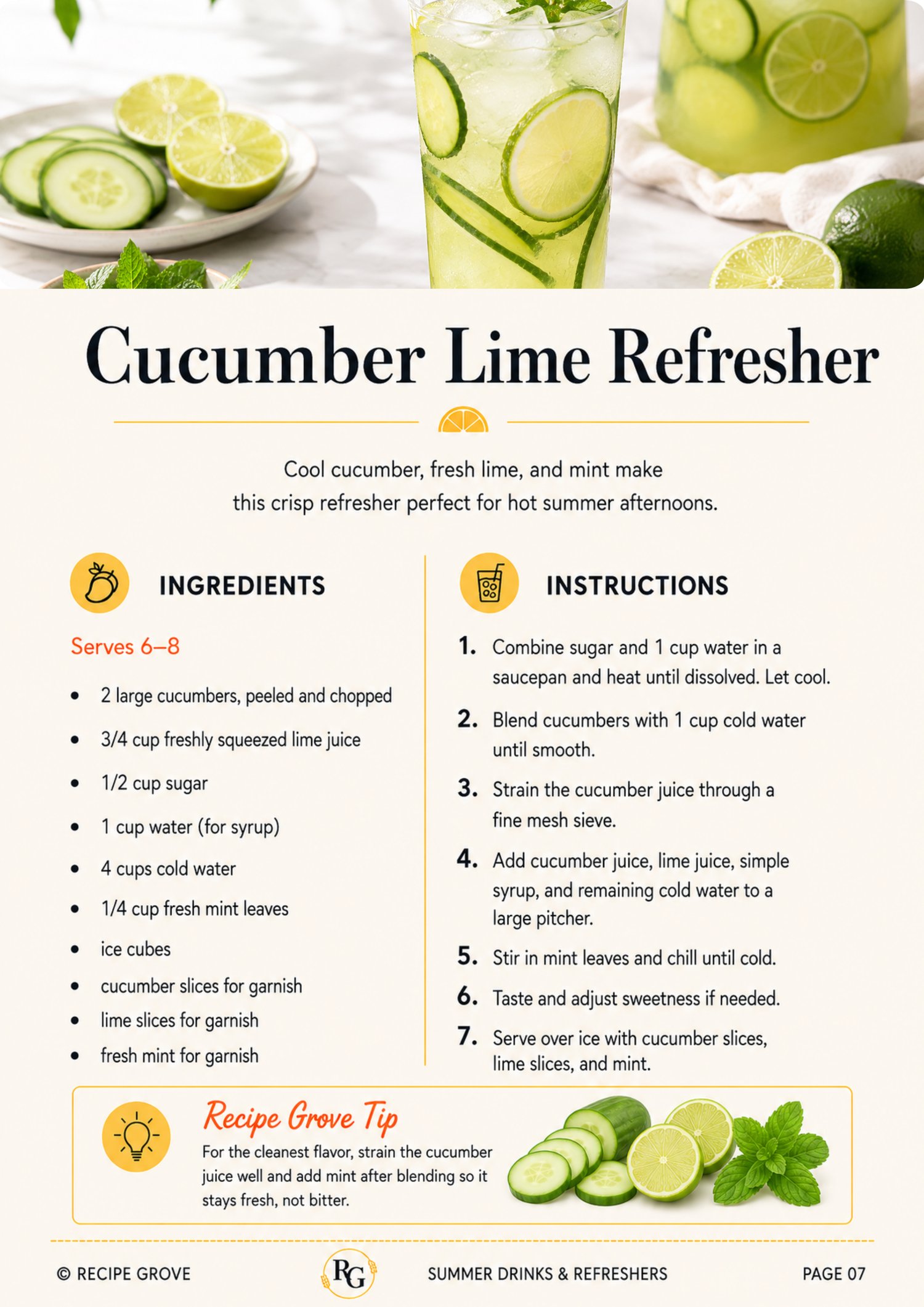 Sample recipe page from the Summer Drinks & Refreshers ebook featuring an easy non-alcoholic summer drink recipe with ingredients, instructions, and a Recipe Grove tip.