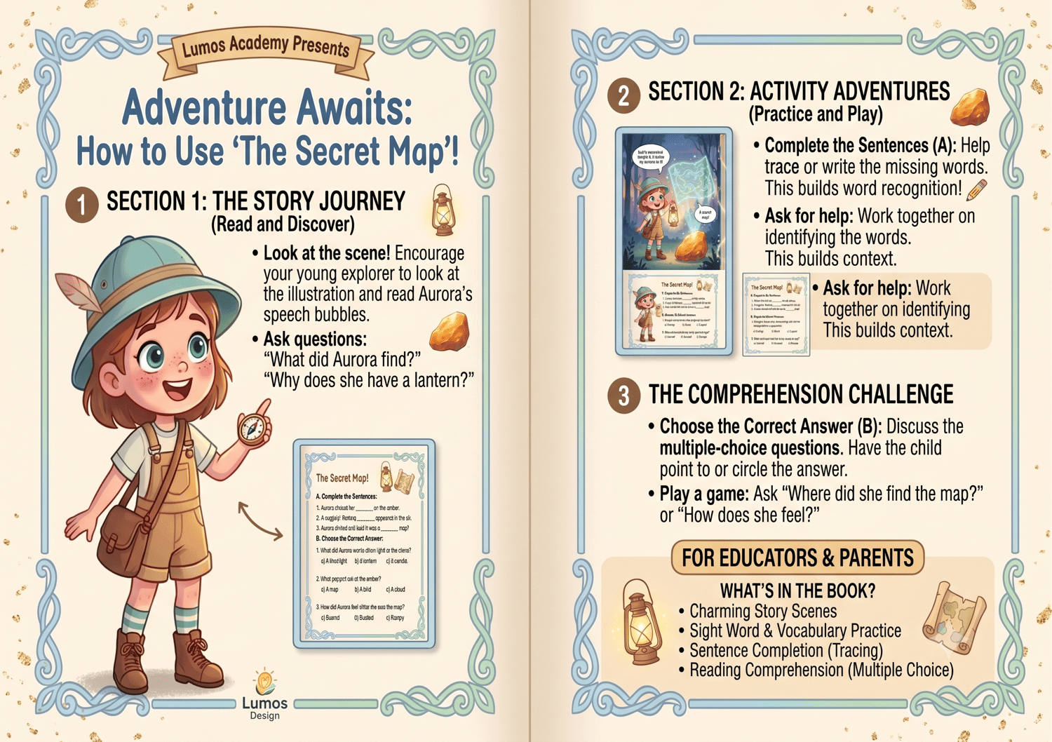 **Alt Text:**  *Colorful childrens educational workbook cover featuring Aurora, a young explorer, standing in a magical forest with a lantern, adventure map, backpack, and a friendly baby Triceratops dinosaur. The cover highlights 15 printable worksheets