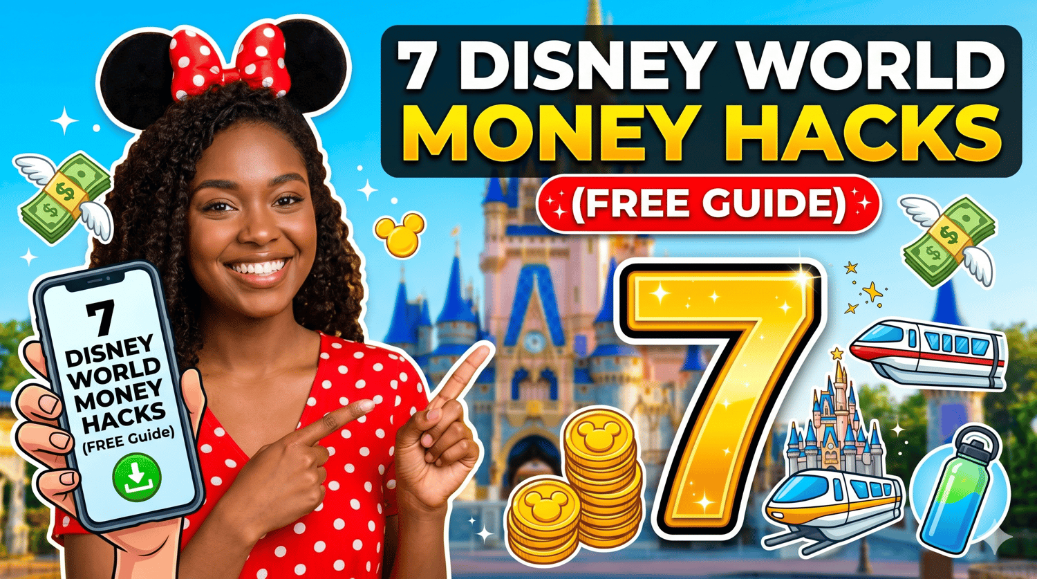 Title: 7 Disney World Money Hacks (FREE Guide) Description: Stop overpaying at Walt Disney World. This free 2-page cheat sheet from My Disney Brain gives you 7 proven money-saving tips that work on any Disney vacation — whether it's your first trip or your tenth. Inside: dining reservation timing, rope drop strategy, Single Rider line secrets, the Lightning Lane breakdown, and the one calendar shift that cuts your wait times by 40%. Free instant download. No catch.