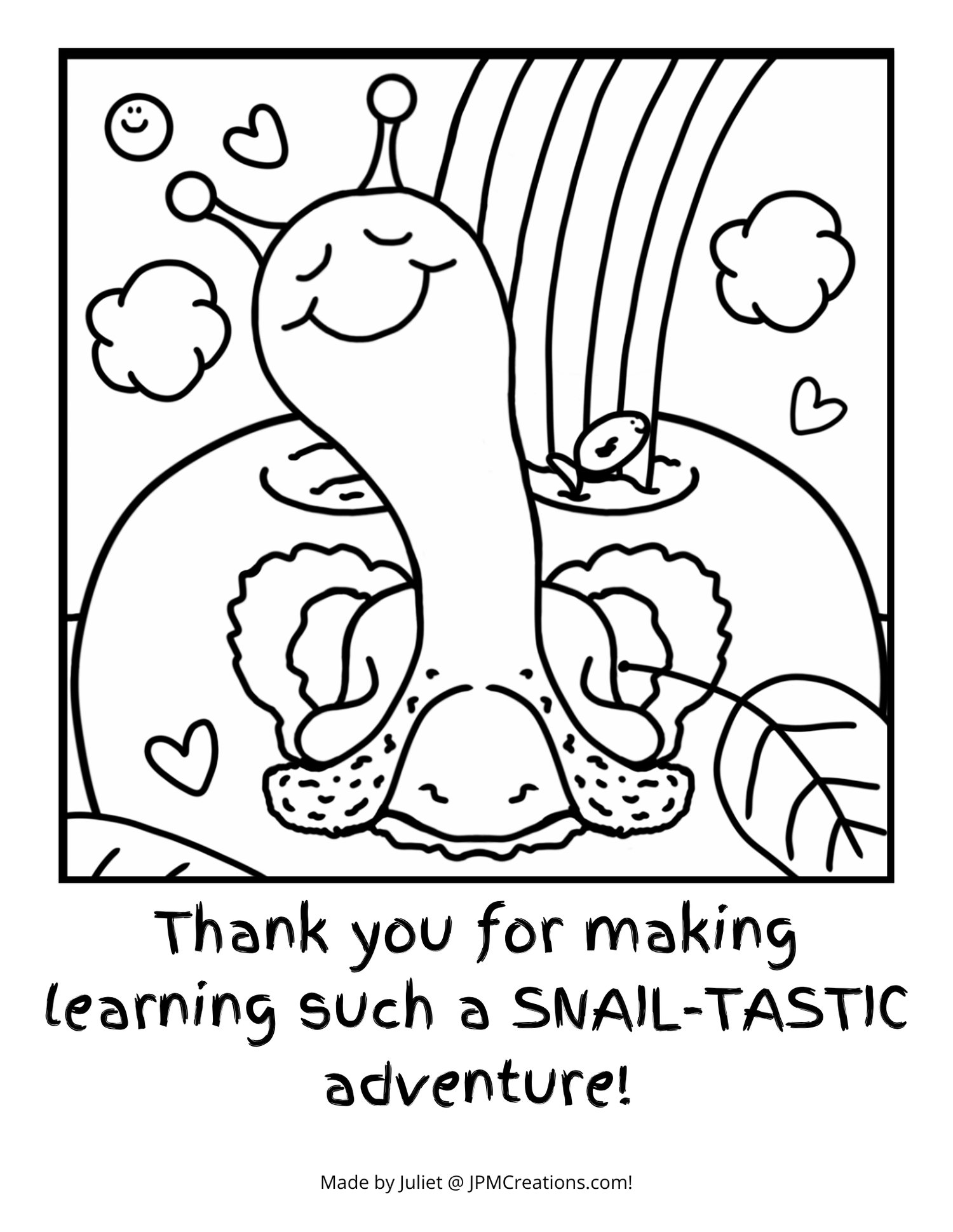 Cute Snail (I Love Learning) Teacher Appreciation Coloring Page (With Text)