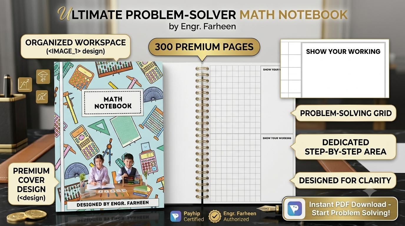 3D product mockup of a 300-page Math Notebook on a study desk, showing a closed colorful math-themed cover on the left and an open page with a grid and Show Your Working workspace on the right, with gold feature callouts and a Payhip Authorized Seller b