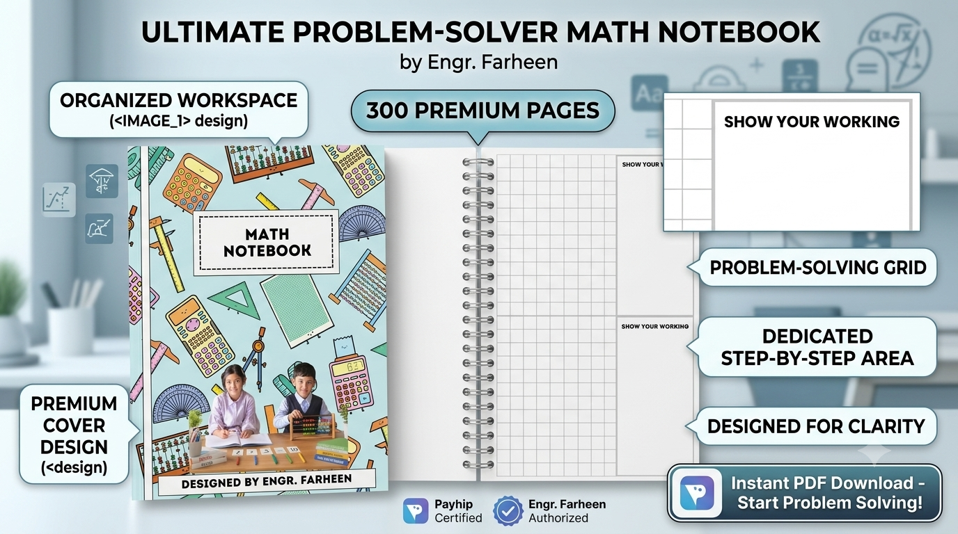 Professional digital product display for a 300-page printable Math Notebook, featuring an upright cover design and an open spread showing a problem-solving grid layout with an instant PDF download badge.