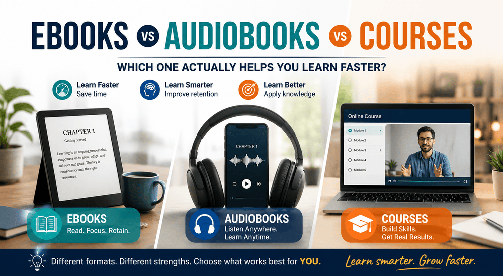 eBooks, audiobooks, and courses compared