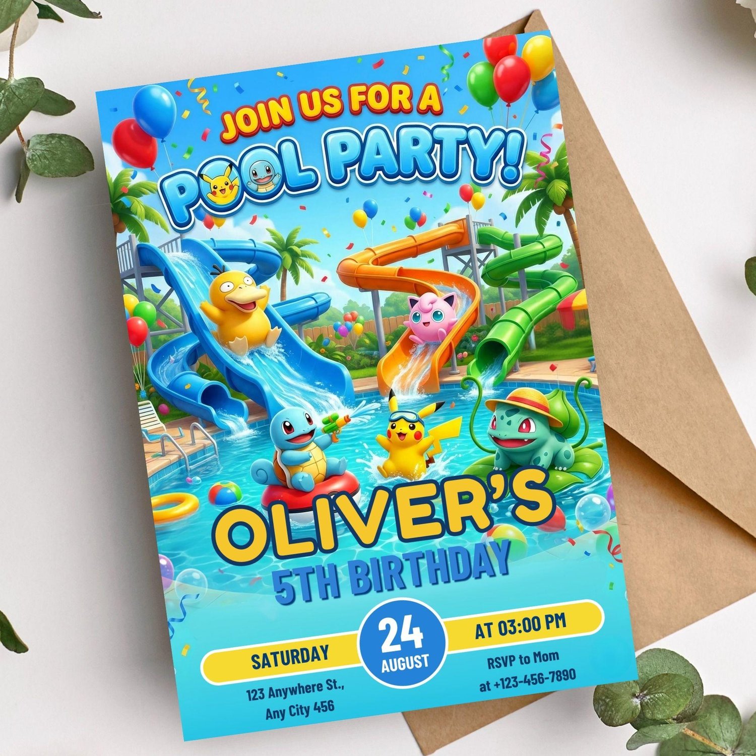 Printable Pokemon pool party invitation digital download shown on mobile phone and printed card mockup