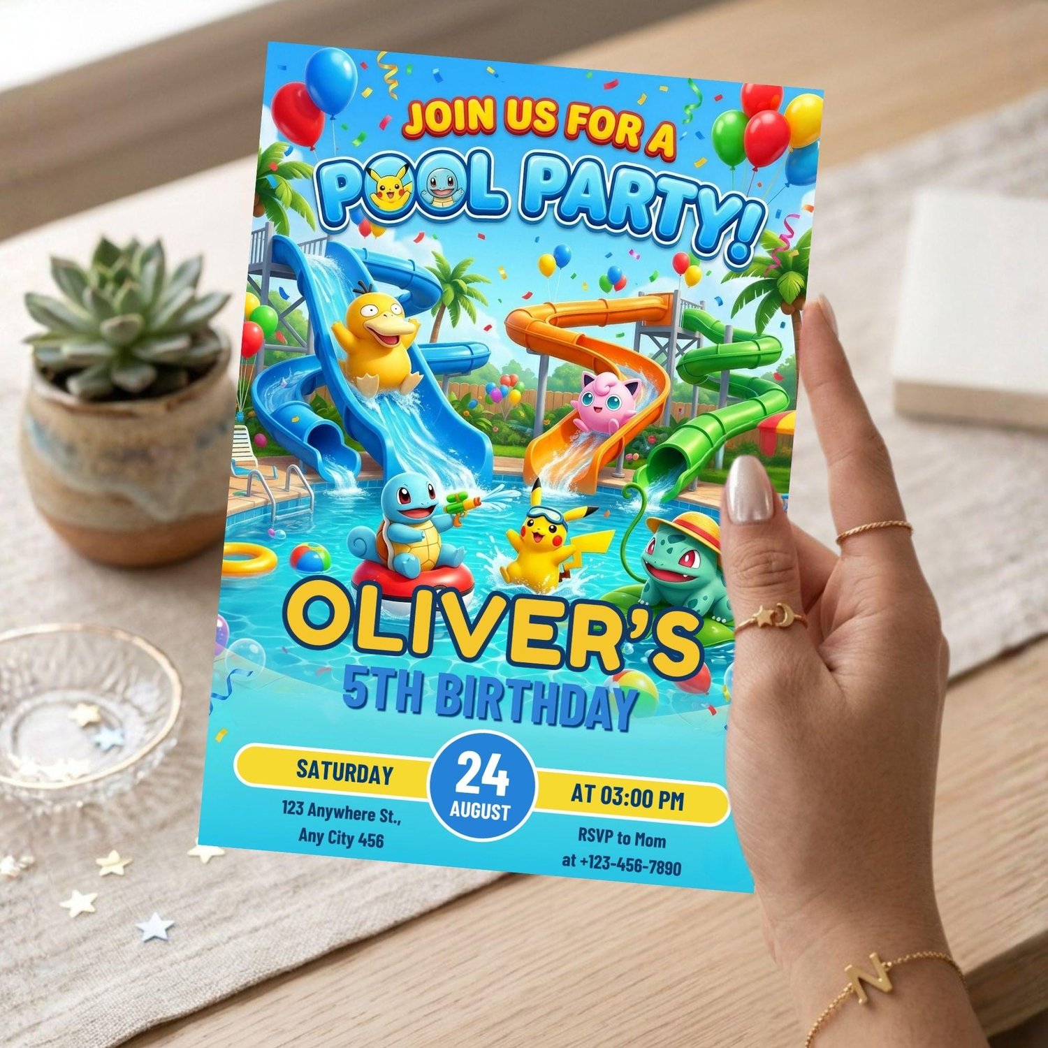Editable Pokemon birthday invitation Canva template featuring pool party theme and custom party details