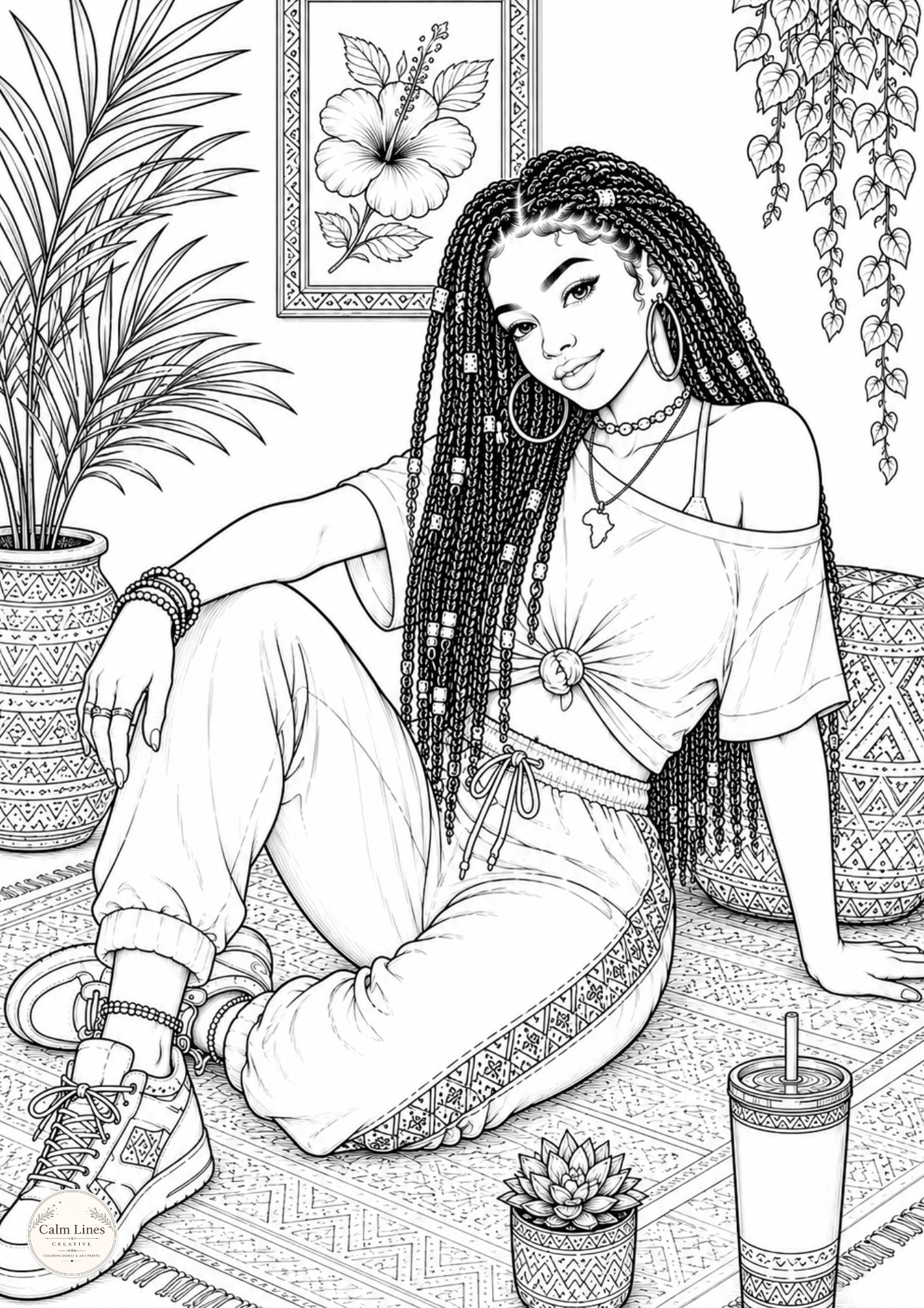 Relaxing Black woman sitting indoors coloring page with cozy details.