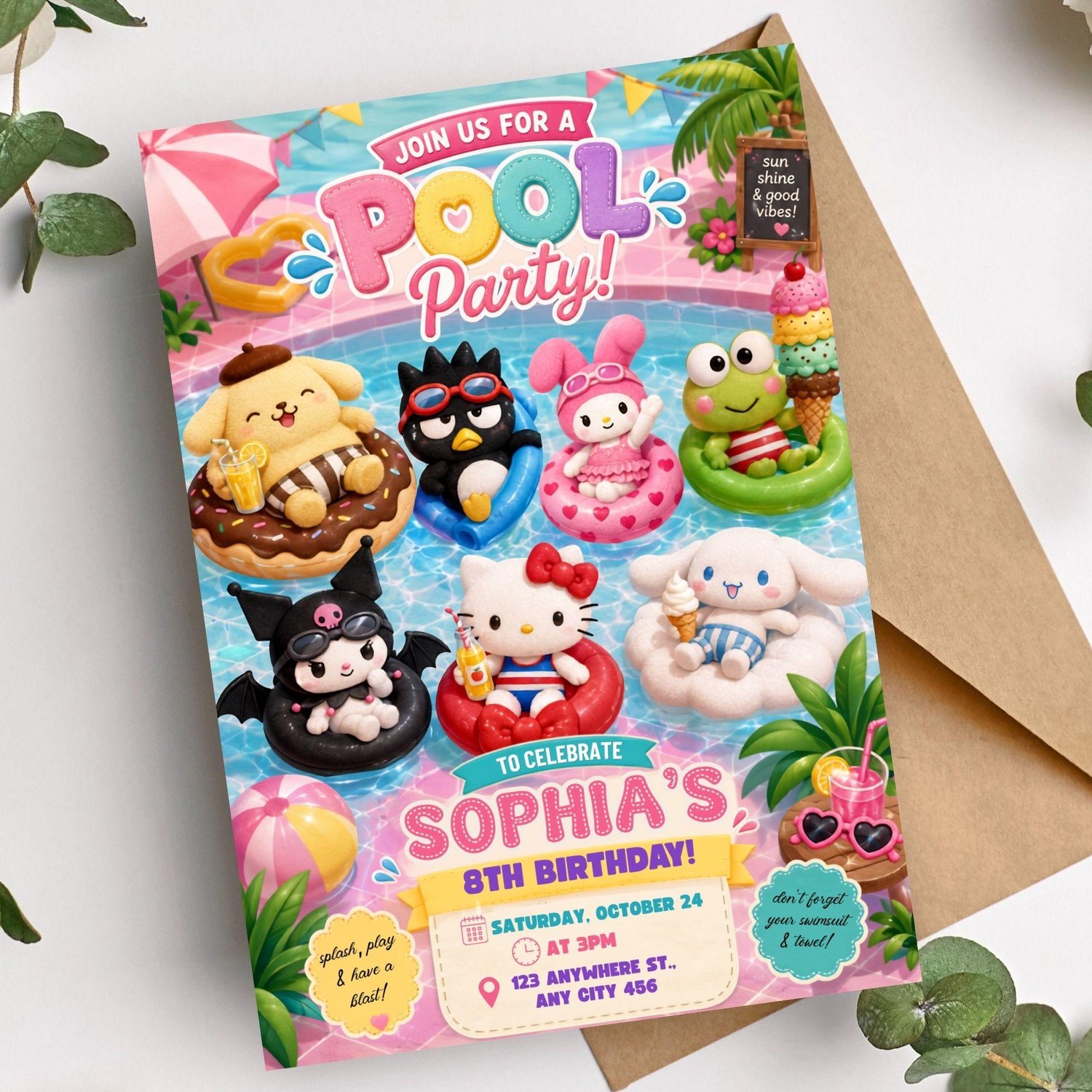 Sanrio Pool Party Birthday Invitation featuring Hello Kitty, Kuromi, My Melody, Keroppi, and friends.