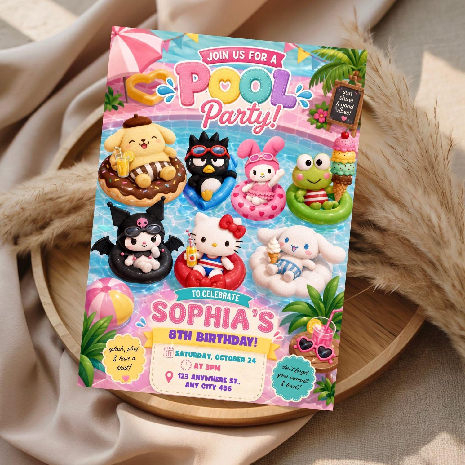 Girls summer pool party birthday invitation with Hello Kitty and cute kawaii Sanrio characters.