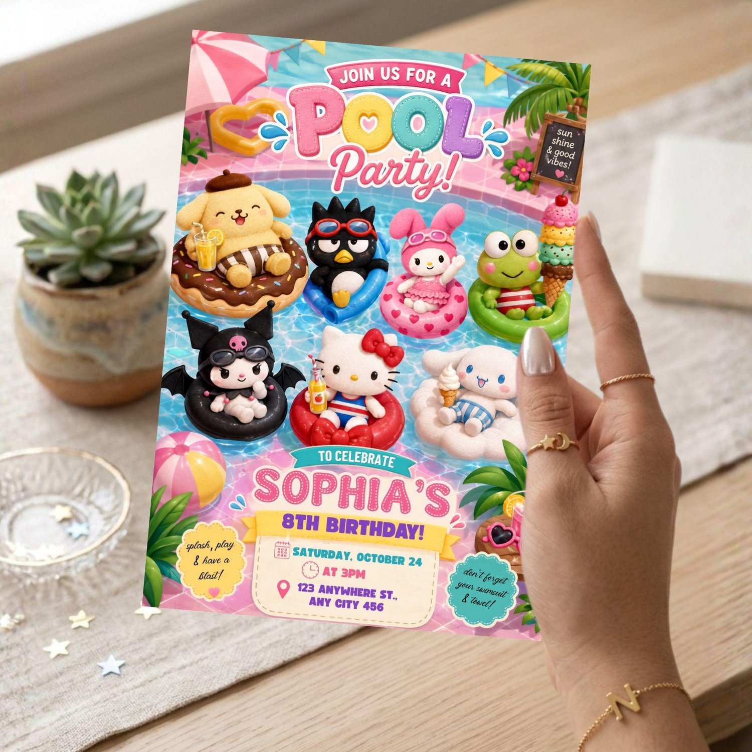 Editable Canva Hello Kitty Pool Party Invitation template for girls birthday celebration and summer party.