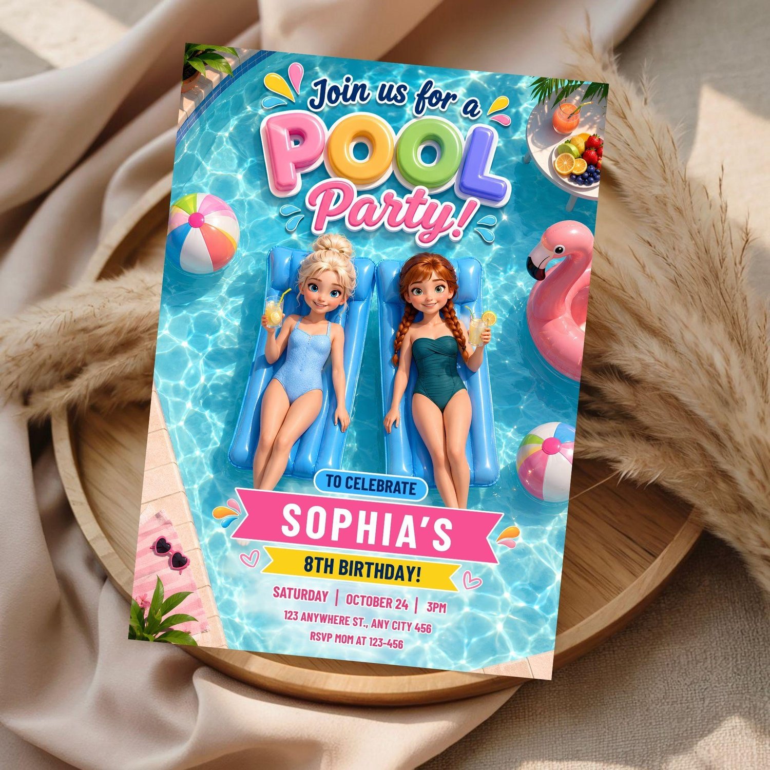 Printable Frozen birthday pool party invite template for girls' summer birthday celebrations.