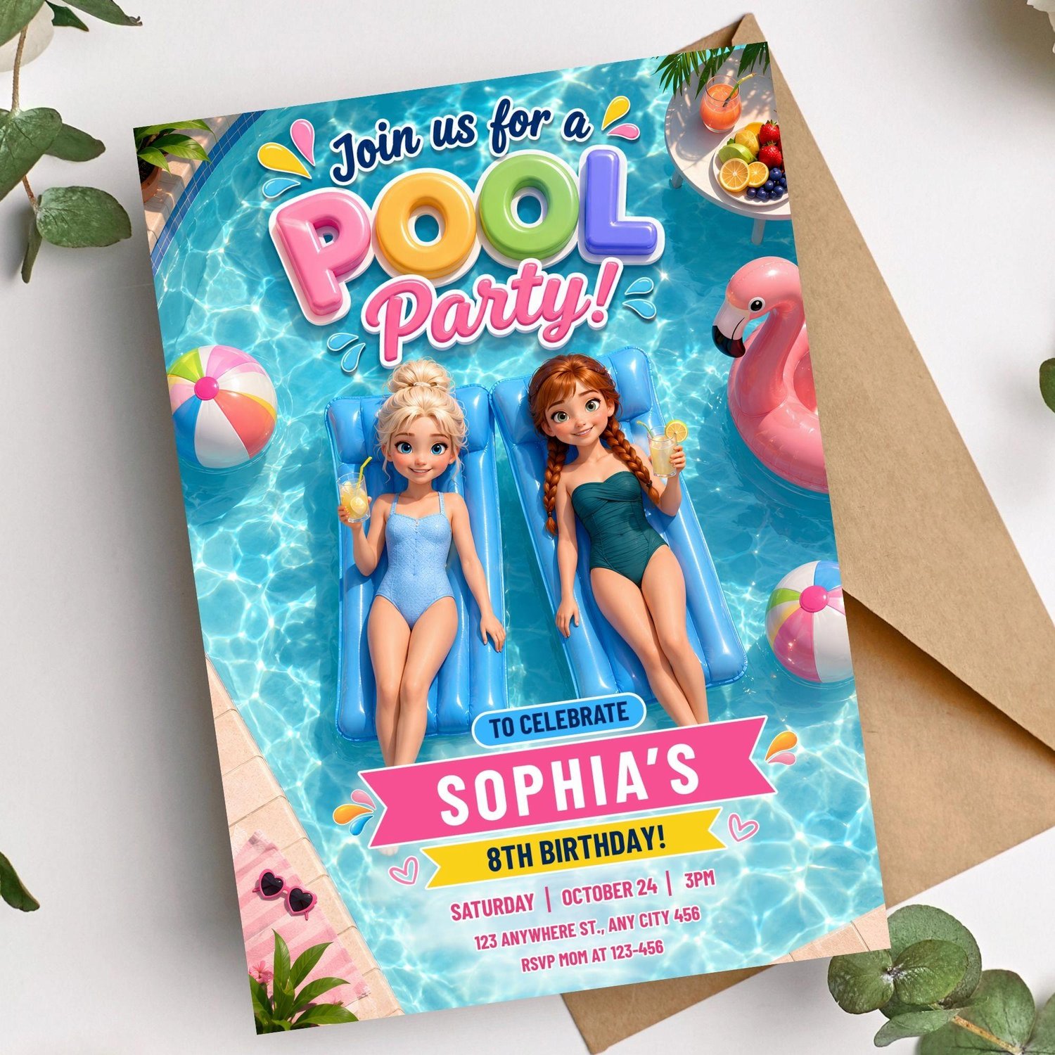 Frozen pool party invitation editable template with customizable birthday details and summer theme