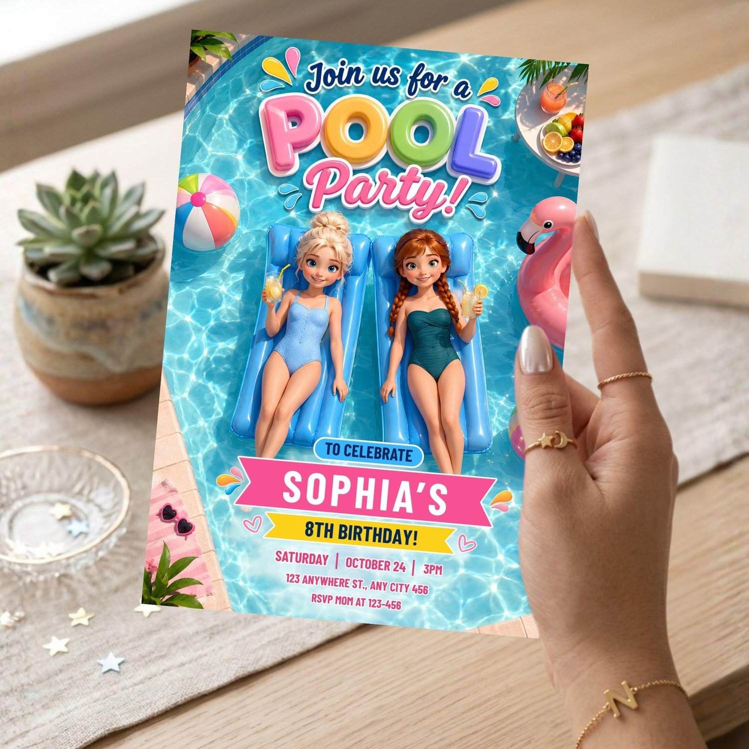 Elsa and Anna birthday invitation digital download for Frozen-themed summer pool party celebration