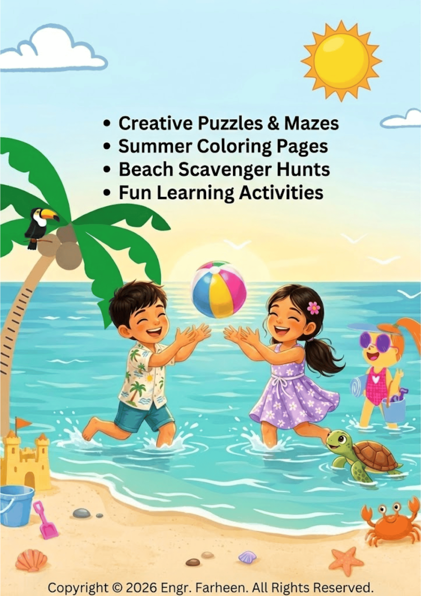 20-page printable summer activity book PDF with a cute illustrative style for kids screen-free fun