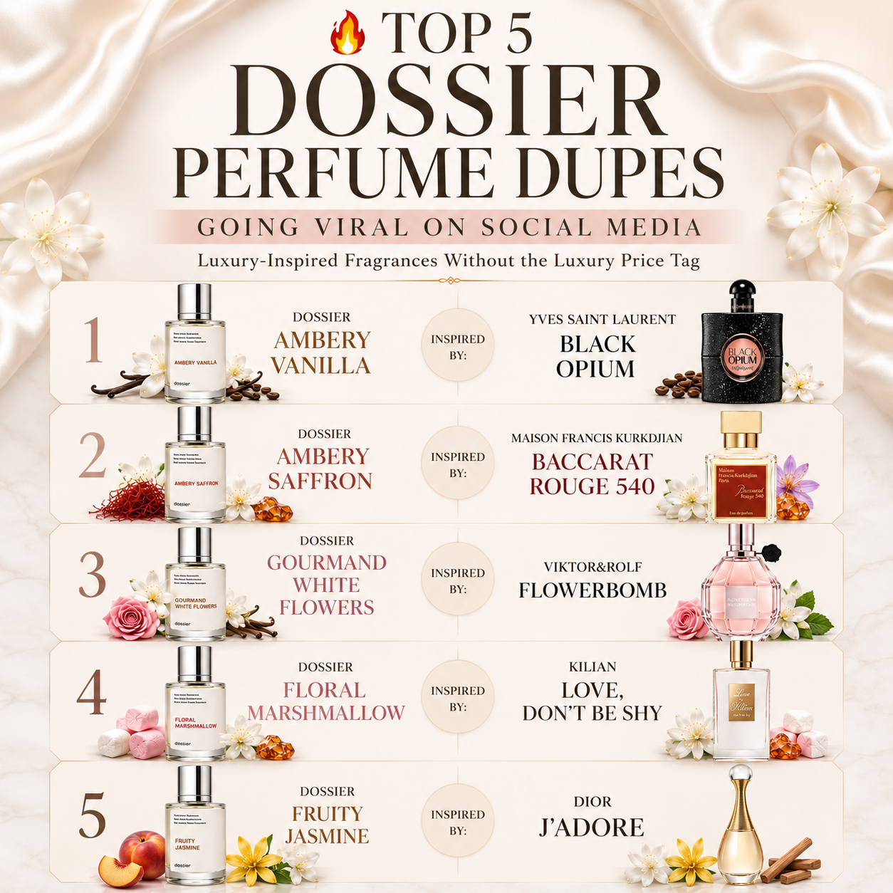Discover the top 5 DOSSIER perfume dupes inspired by Black Opium, Baccarat Rouge 540, Flowerbomb, Love Don't Be Shy, and J'adore. Affordable luxury fragrances trending on TikTok and social media