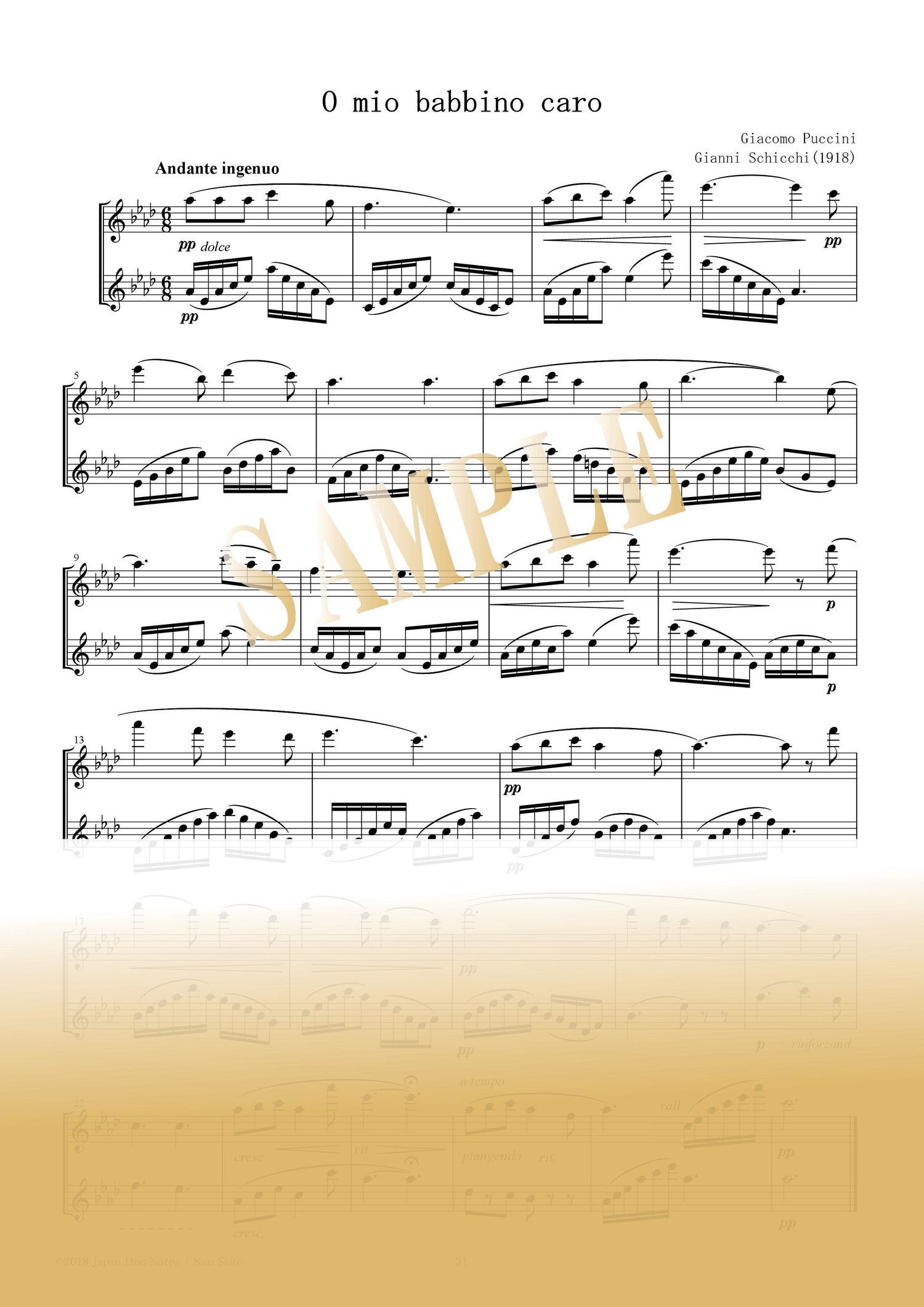 Sample page from O mio babbino caro by Giacomo Puccini – flute duet score for two flutes
