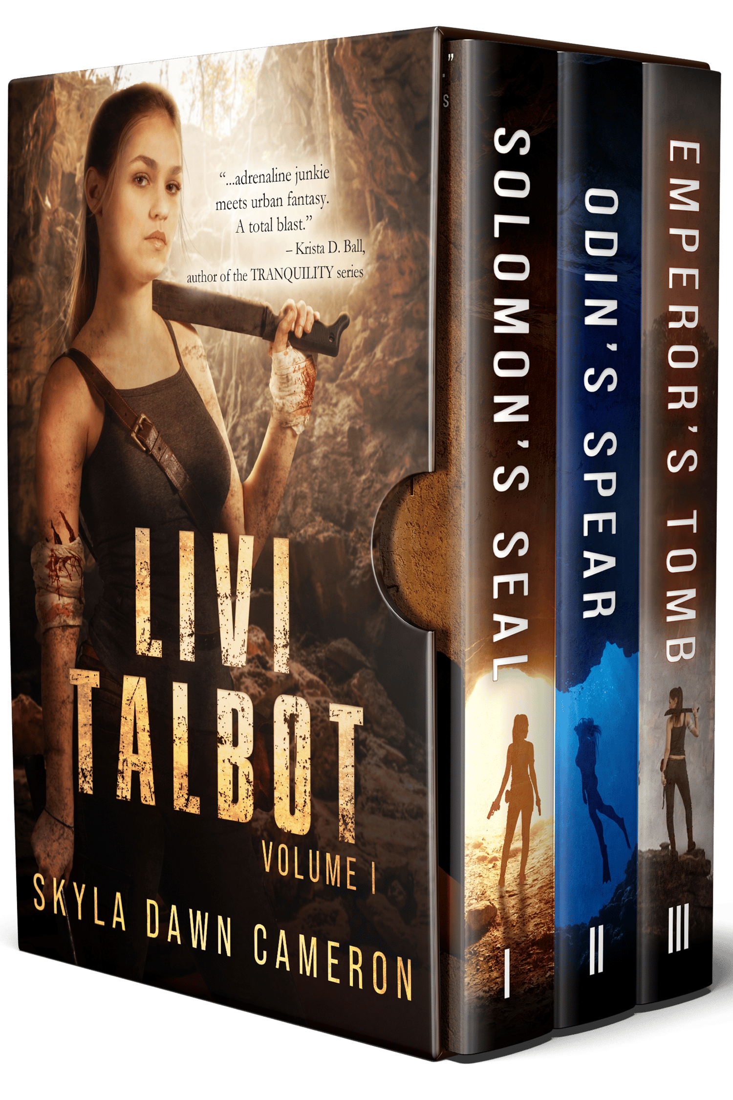 3D boxset image with the front cover showing a young woman with dark hair holding a machete over her shoulder and a cave behind her..